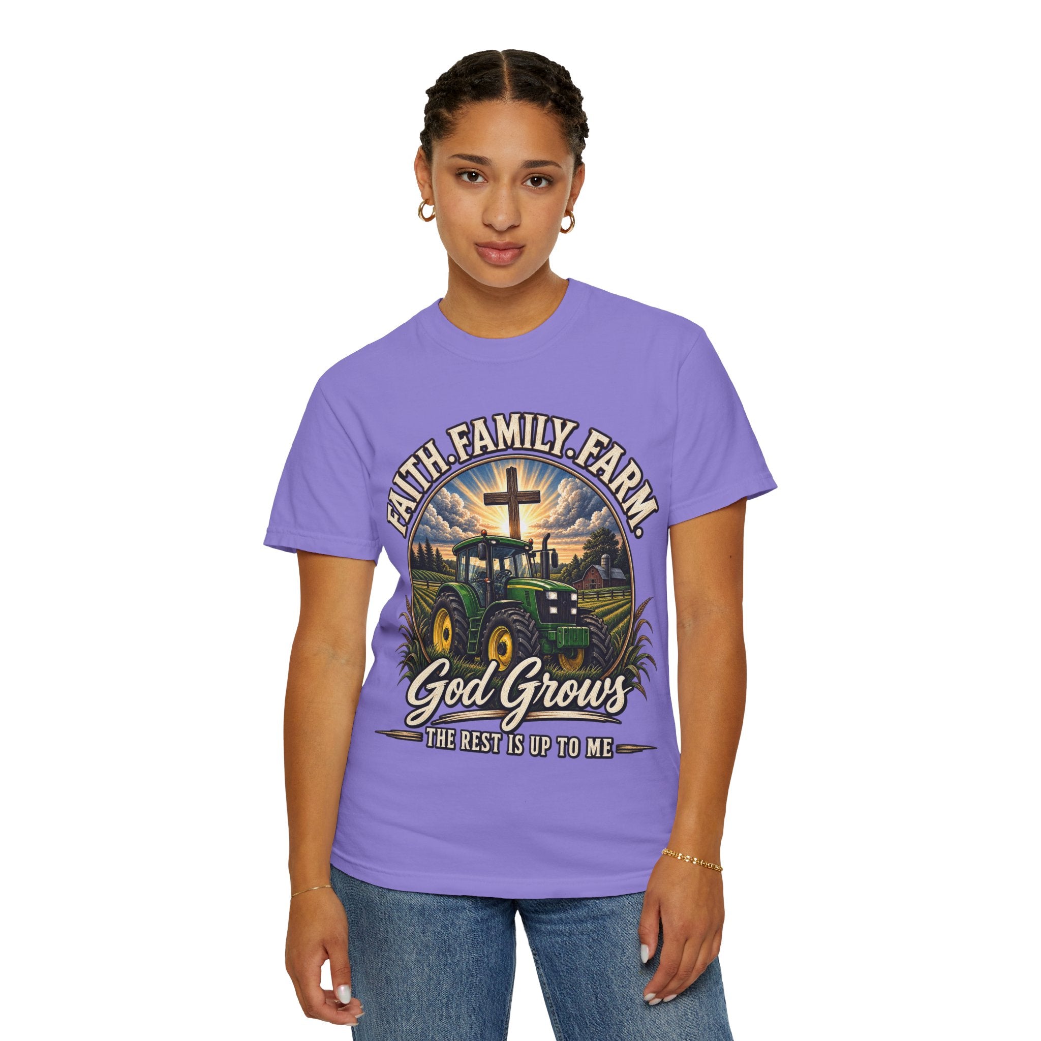 Faith Family Farm T-Shirt — “God Grows” Tractor Christian Tee