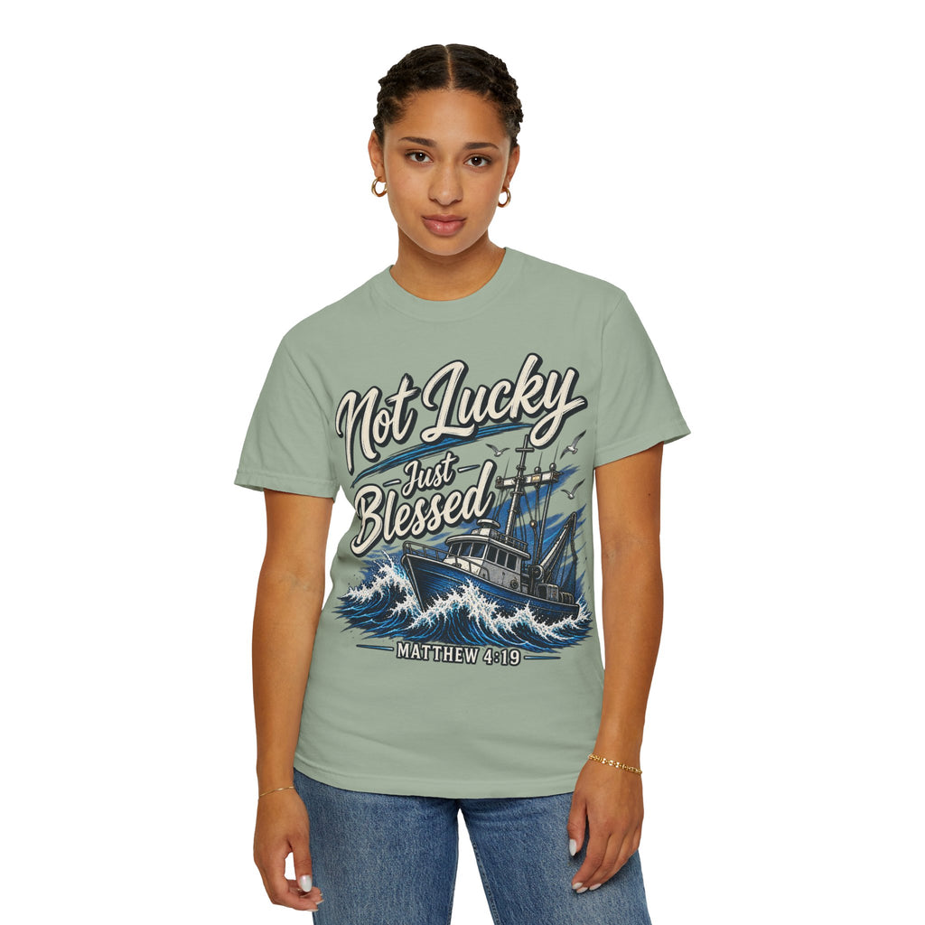 "Not Lucky Just Blessed" Fishing Boat Graphic (Matthew 4:19)