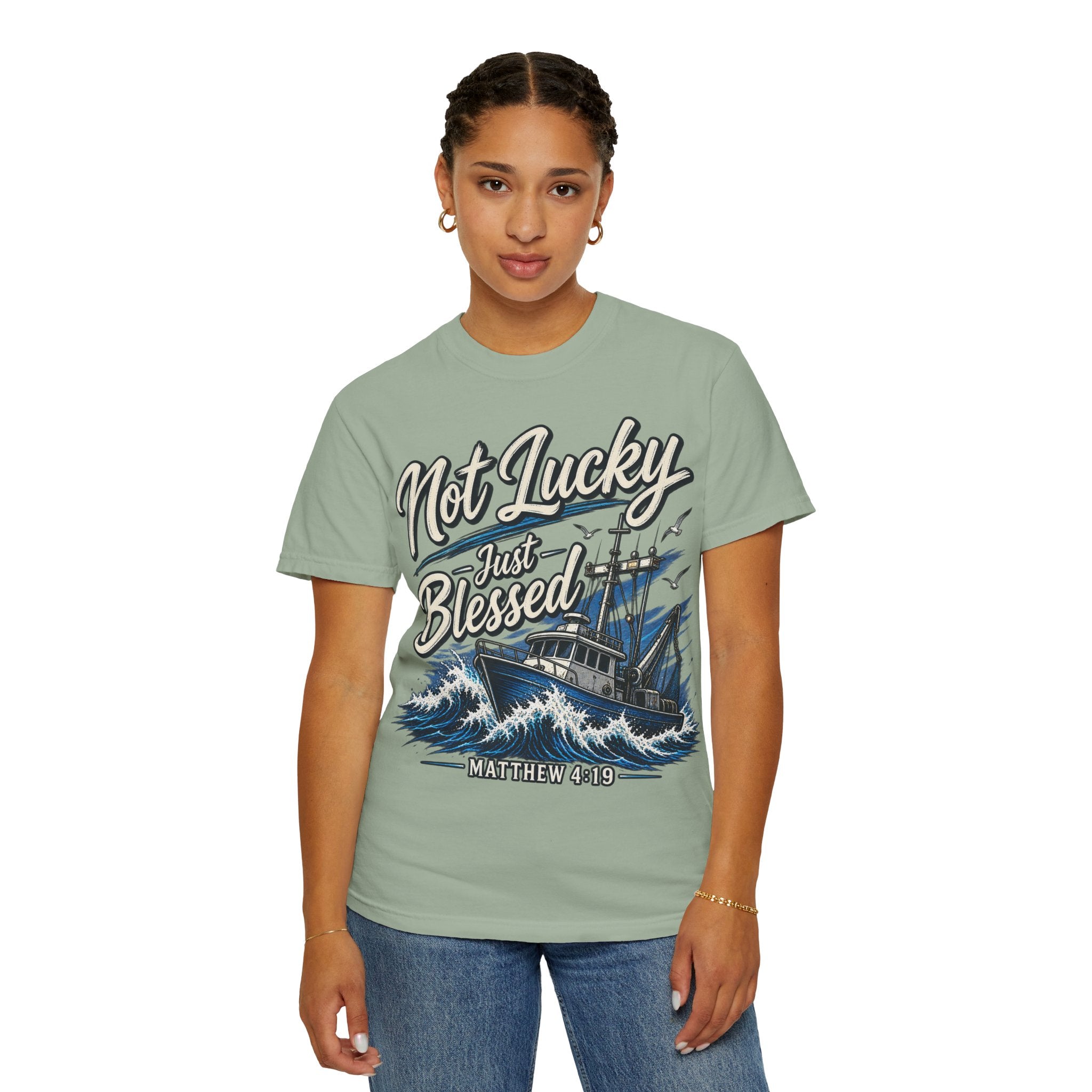 "Not Lucky Just Blessed" Fishing Boat Graphic (Matthew 4:19)