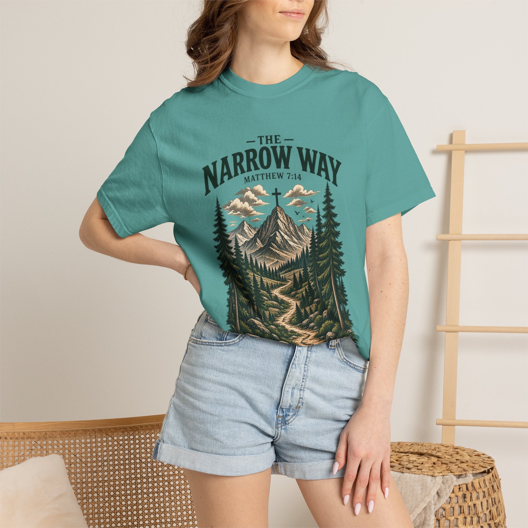 The Narrow Way T-Shirt — Mountain Trail Christian Tee (Matthew 7:14)