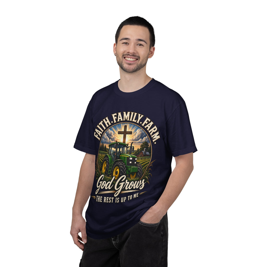 Faith Family Farm T-Shirt — “God Grows” Tractor Christian Tee