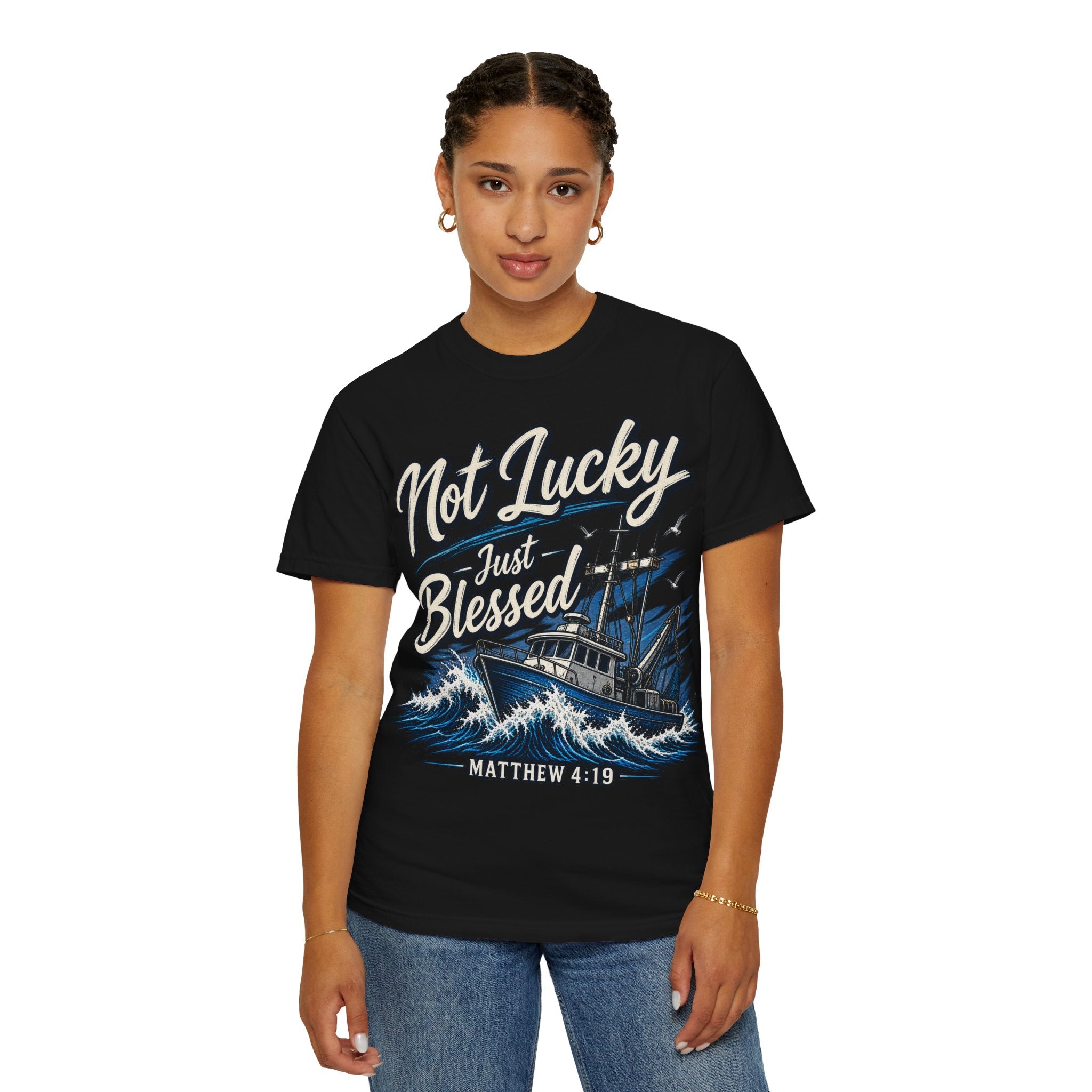 "Not Lucky Just Blessed" Fishing Boat Graphic (Matthew 4:19)