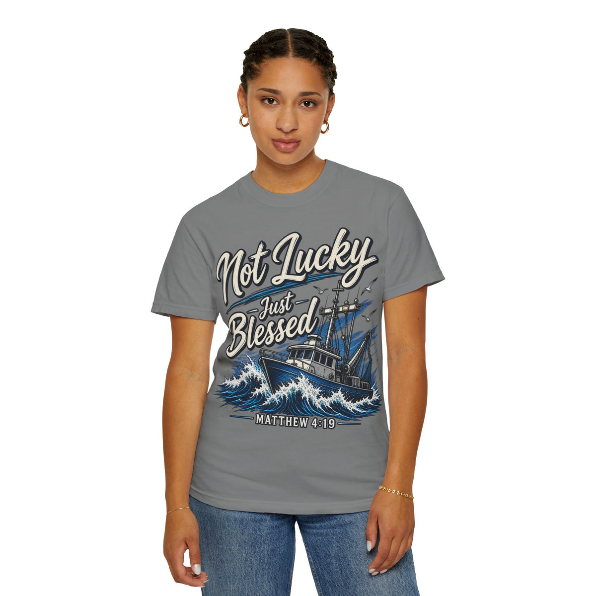 "Not Lucky Just Blessed" Fishing Boat Graphic (Matthew 4:19)