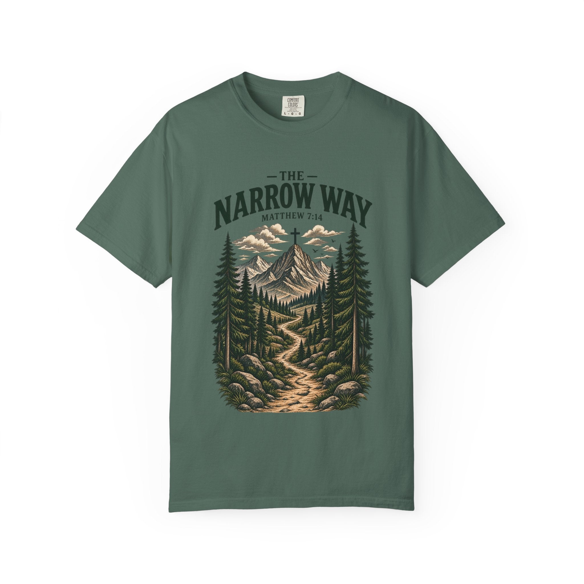 The Narrow Way T-Shirt — Mountain Trail Christian Tee (Matthew 7:14)