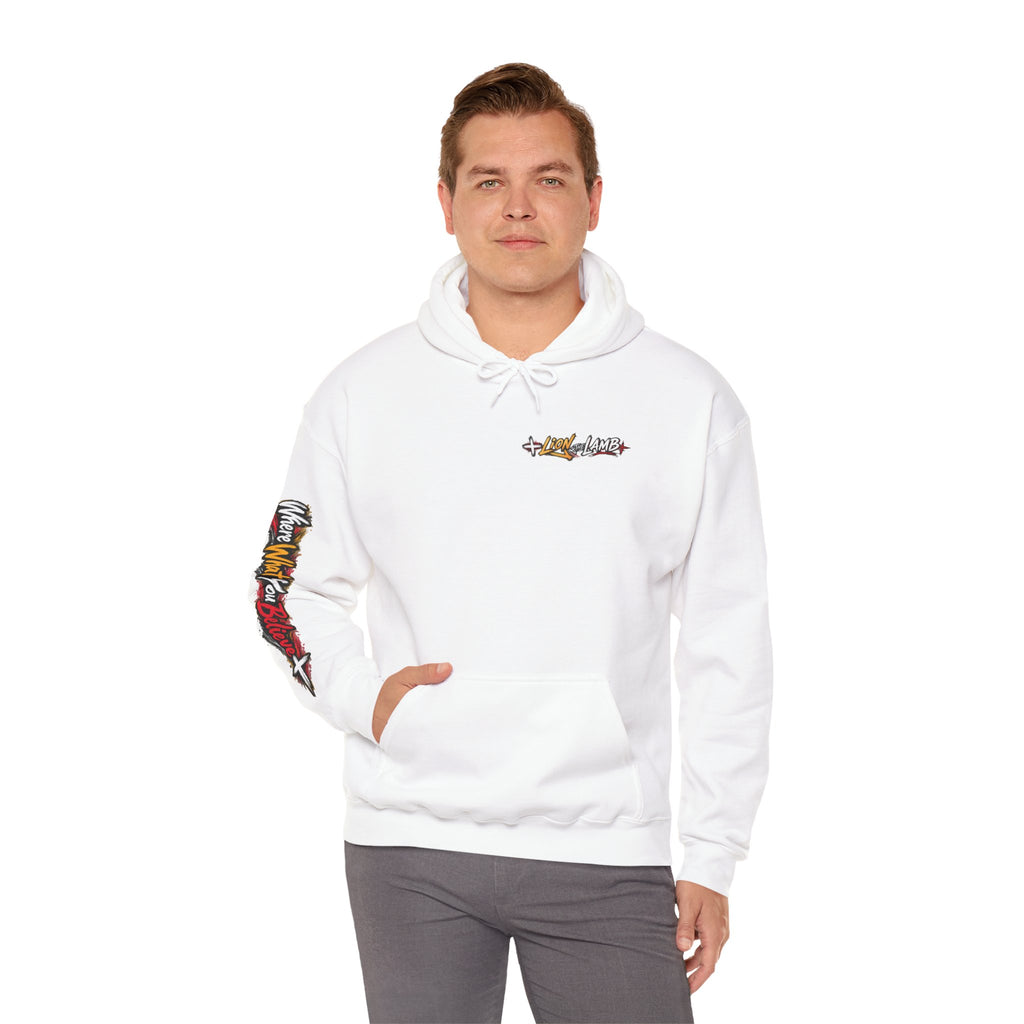 "Lion & The Lamb" Graphic Hoodie — Adult Unisex Christian Faith Sweatshirt with Sleeve Script