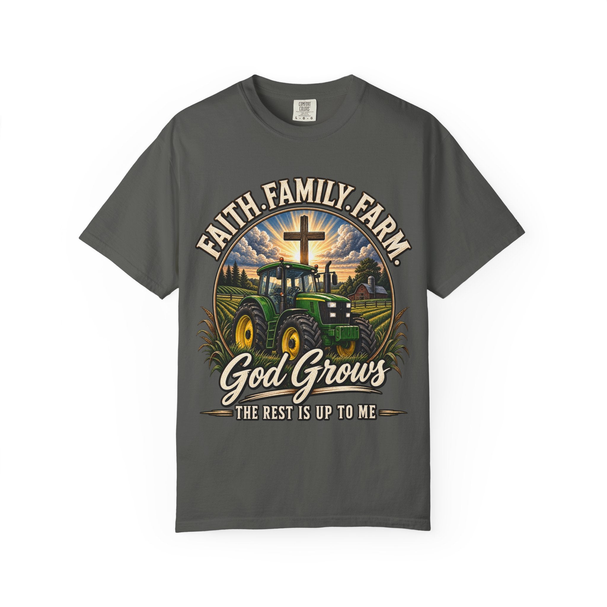 Faith Family Farm T-Shirt — “God Grows” Tractor Christian Tee