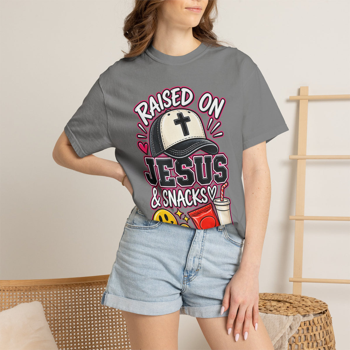Raised On Jesus & Snacks— Adult T-Shirt