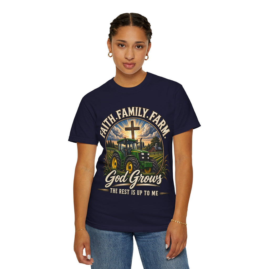 Faith Family Farm T-Shirt — “God Grows” Tractor Christian Tee