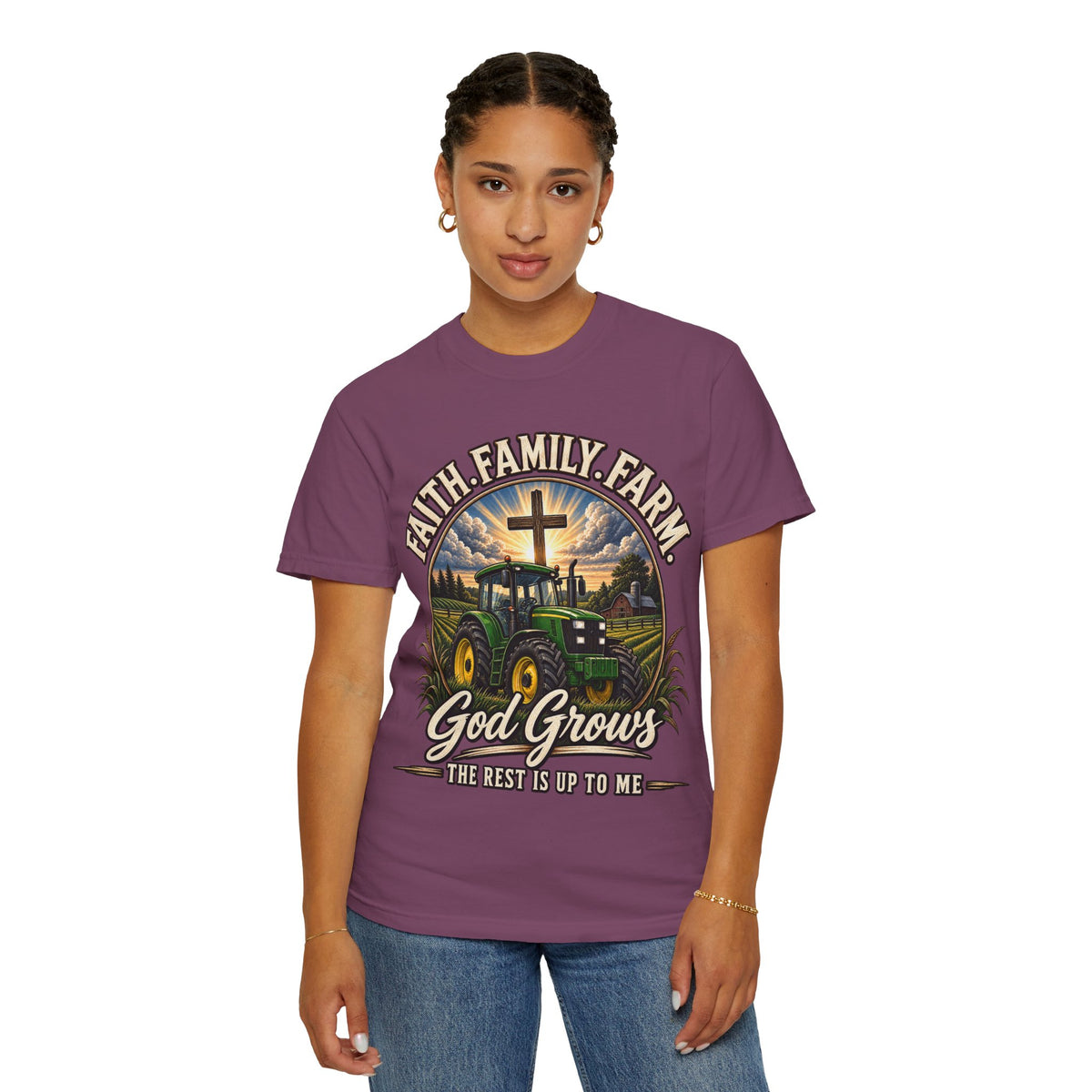 Faith Family Farm T-Shirt — “God Grows” Tractor Christian Tee