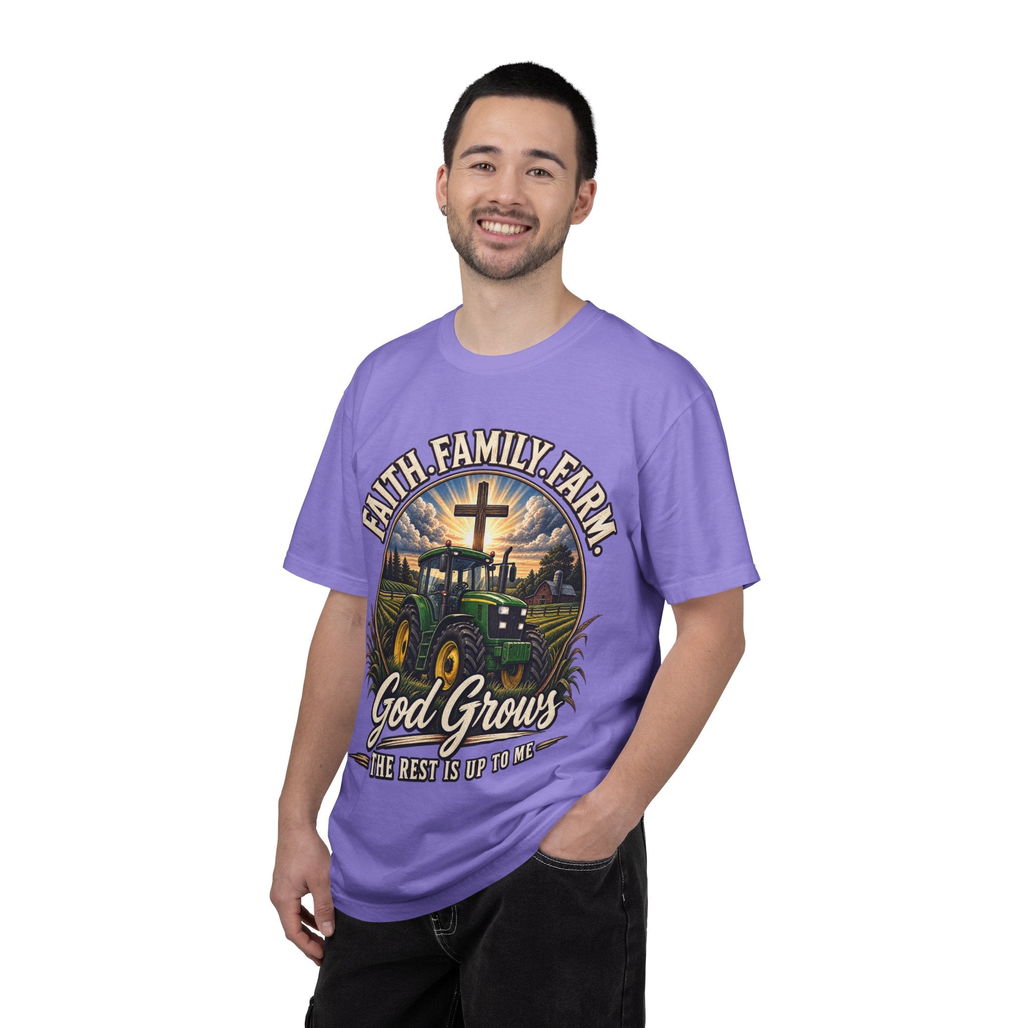 Faith Family Farm T-Shirt — “God Grows” Tractor Christian Tee