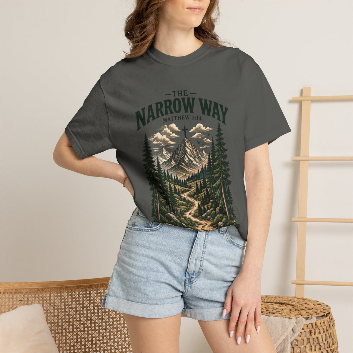 The Narrow Way T-Shirt — Mountain Trail Christian Tee (Matthew 7:14)