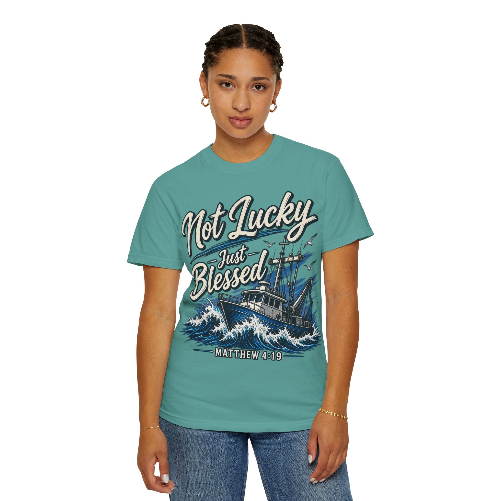 "Not Lucky Just Blessed" Fishing Boat Graphic (Matthew 4:19)