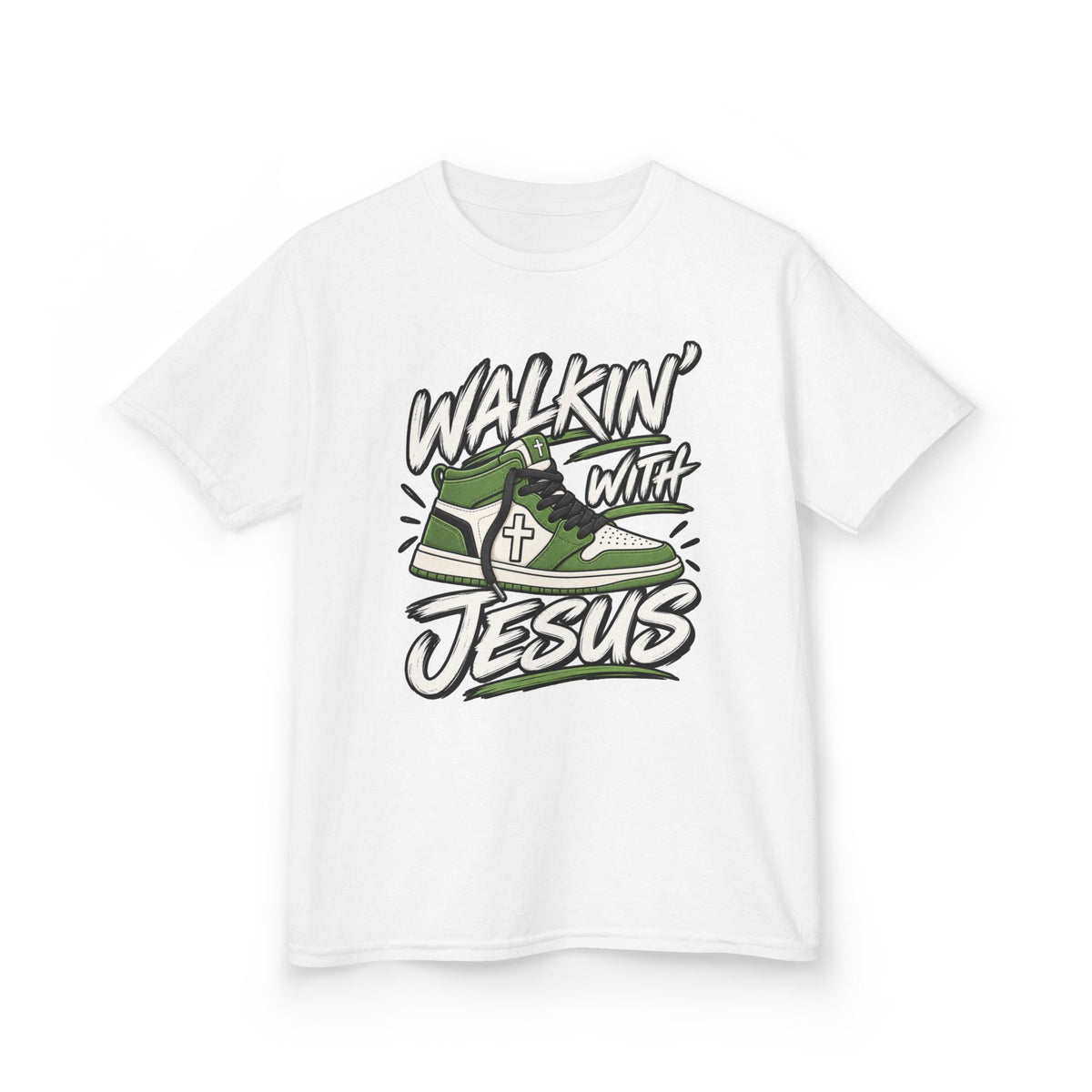 "Walkin' with Jesus" Green Sneaker- Kids T-shirt