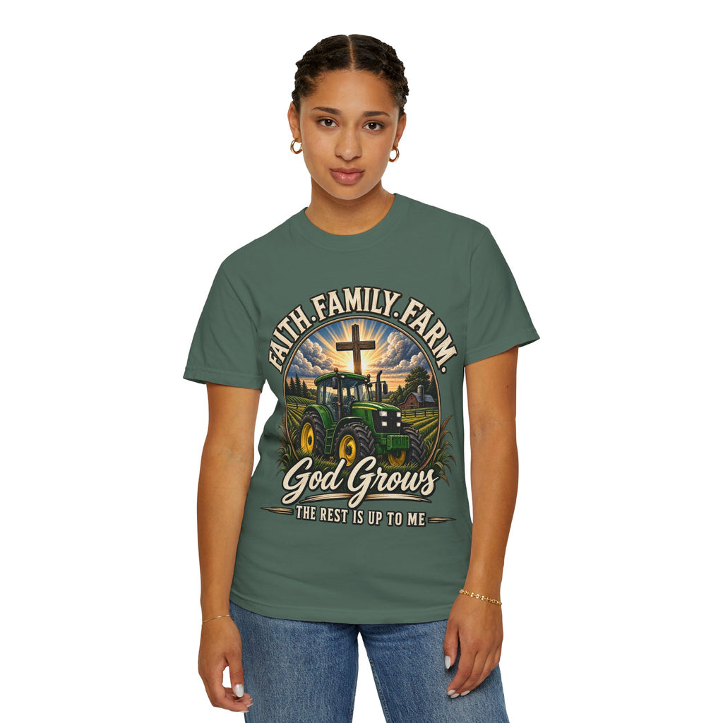 Faith Family Farm T-Shirt — “God Grows” Tractor Christian Tee