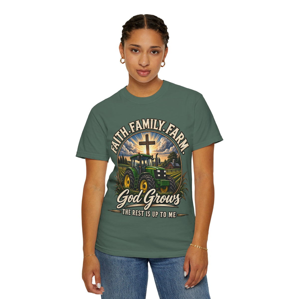 Faith Family Farm T-Shirt — “God Grows” Tractor Christian Tee