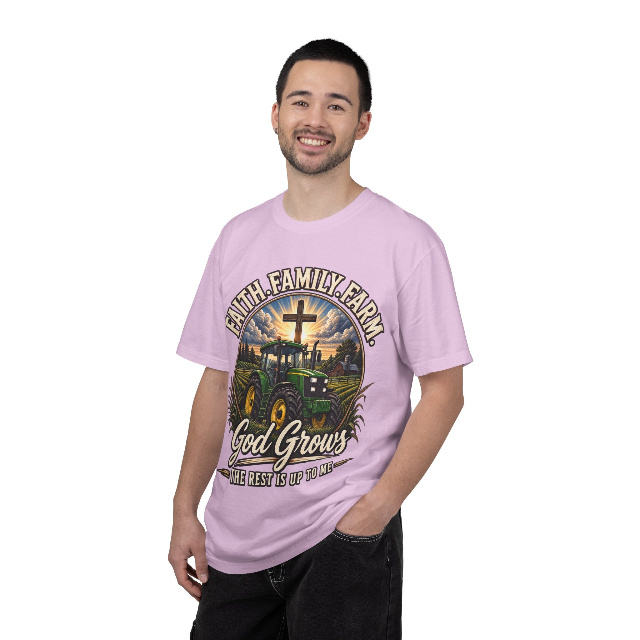 Faith Family Farm T-Shirt — “God Grows” Tractor Christian Tee