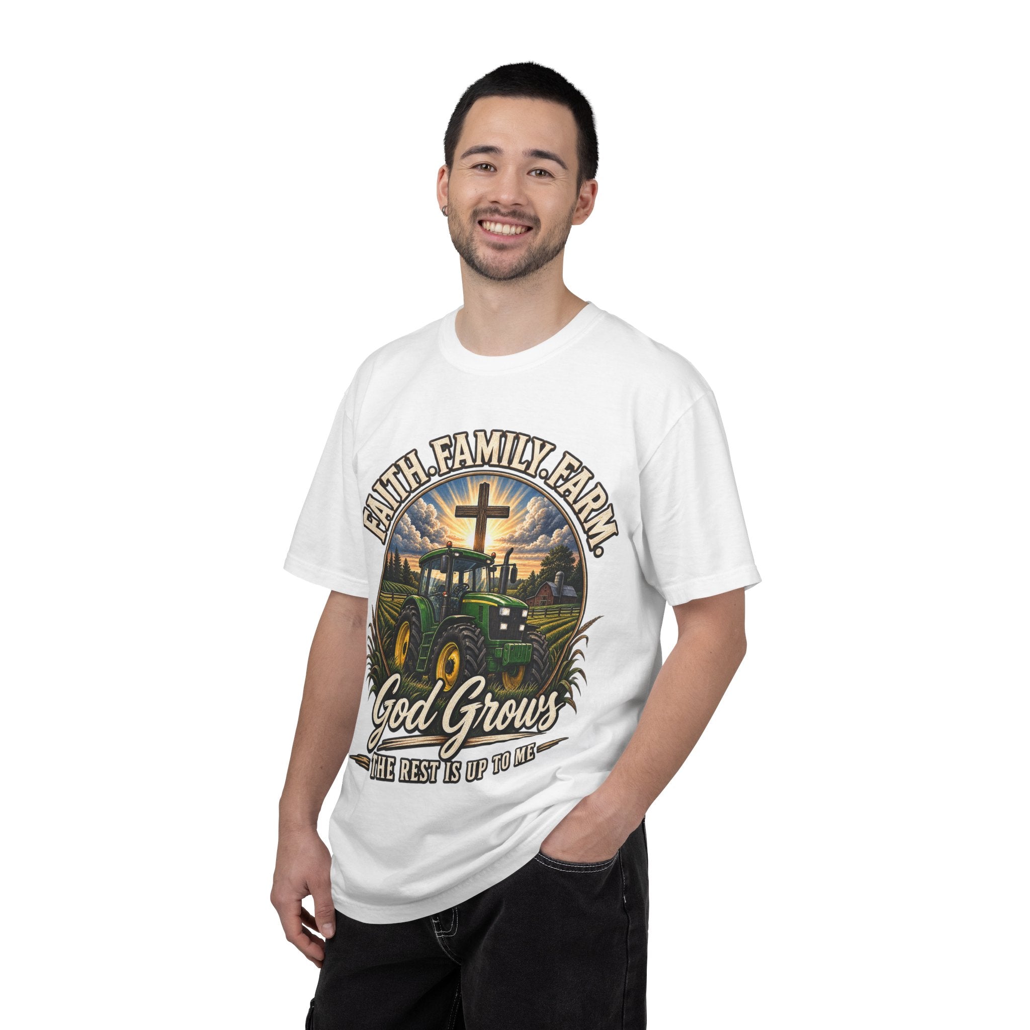 Faith Family Farm T-Shirt — “God Grows” Tractor Christian Tee