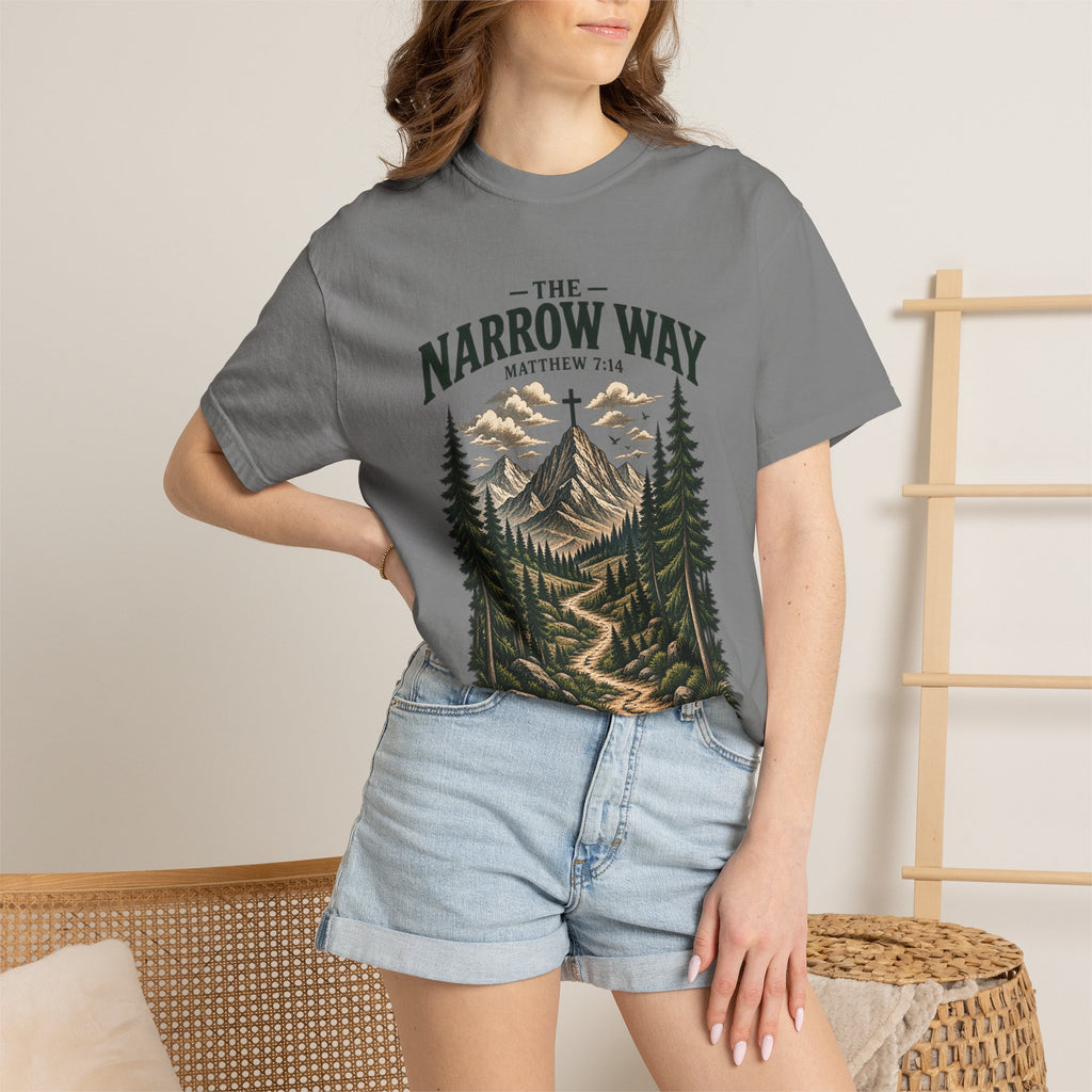 The Narrow Way T-Shirt — Mountain Trail Christian Tee (Matthew 7:14)