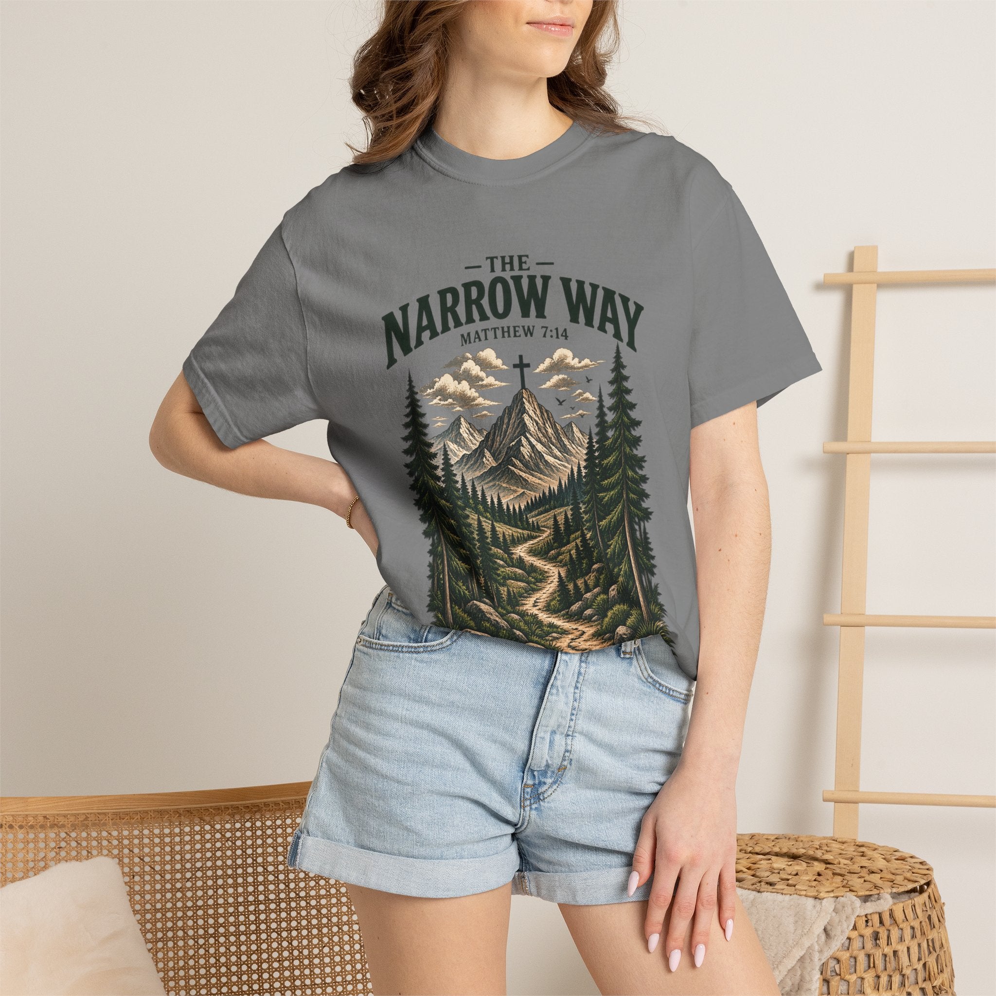 The Narrow Way T-Shirt — Mountain Trail Christian Tee (Matthew 7:14)