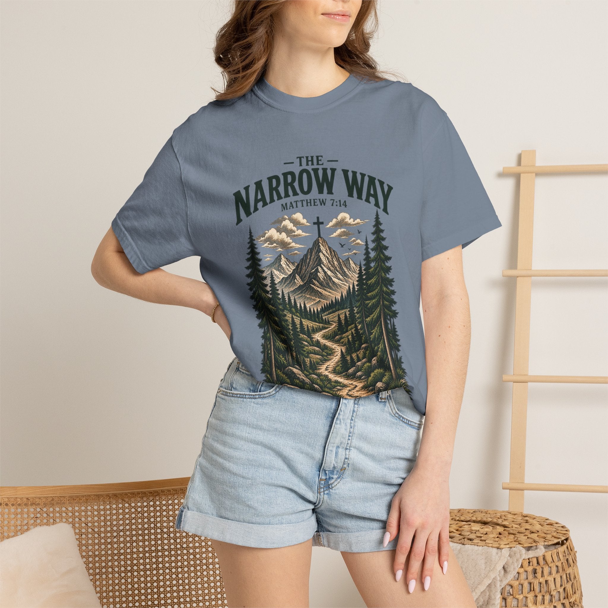 The Narrow Way T-Shirt — Mountain Trail Christian Tee (Matthew 7:14)
