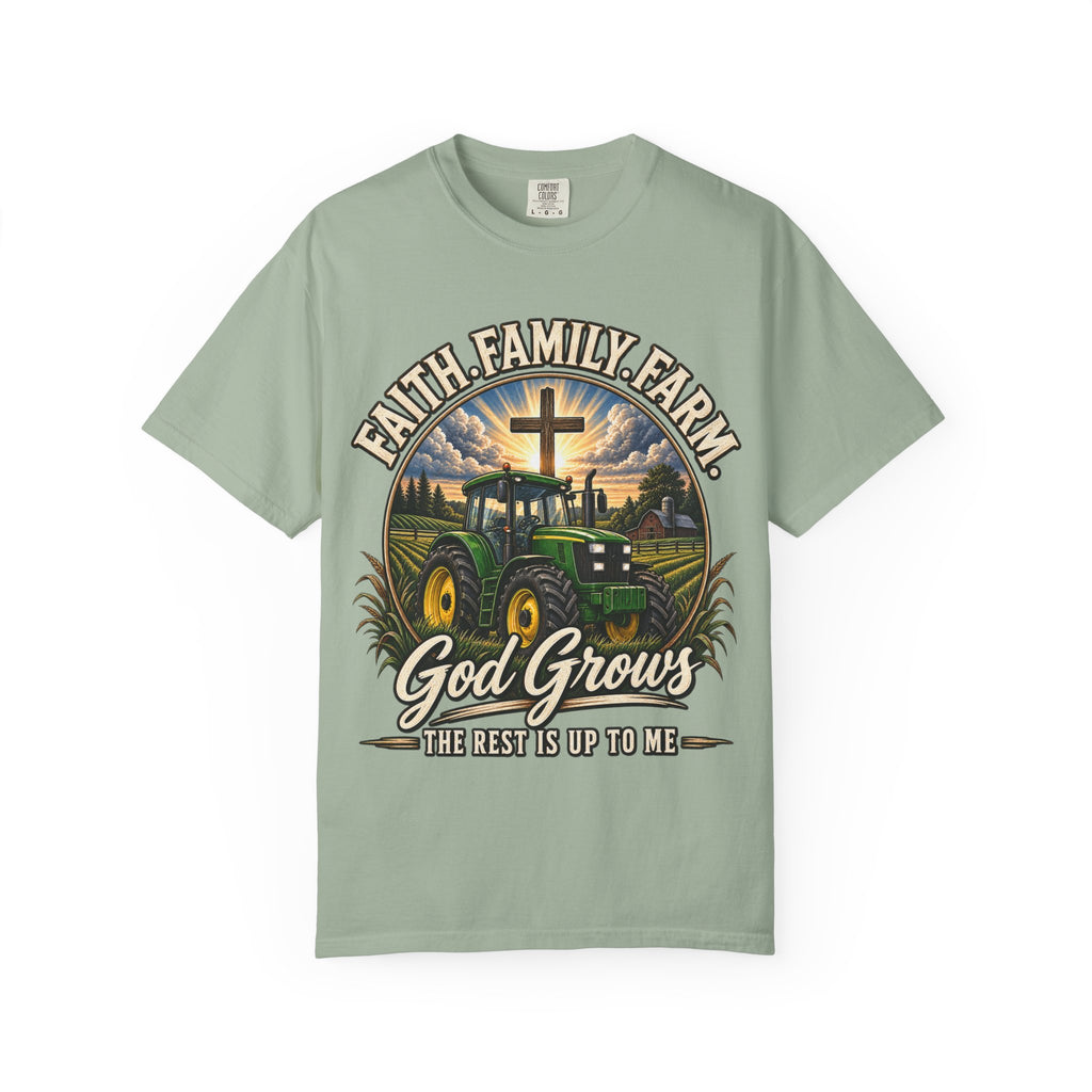 Faith Family Farm T-Shirt — “God Grows” Tractor Christian Tee