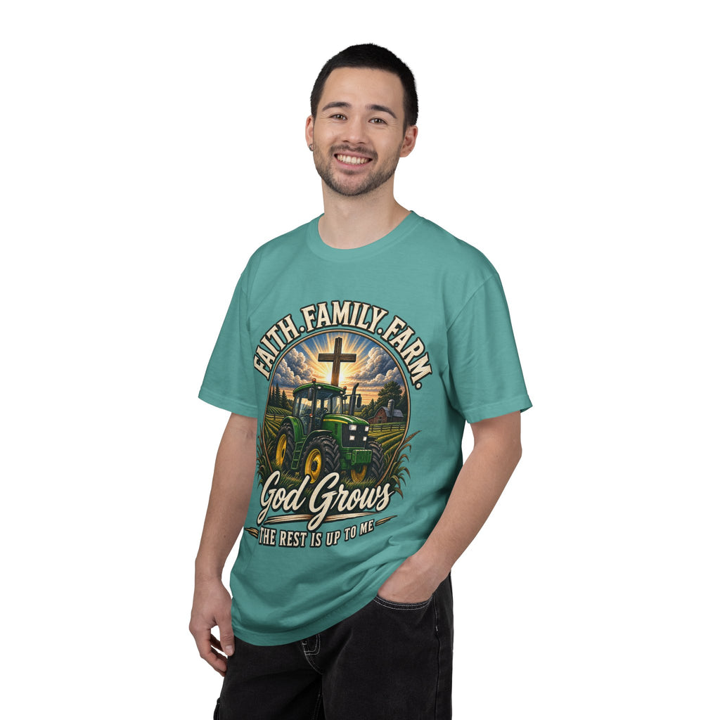 Faith Family Farm T-Shirt — “God Grows” Tractor Christian Tee