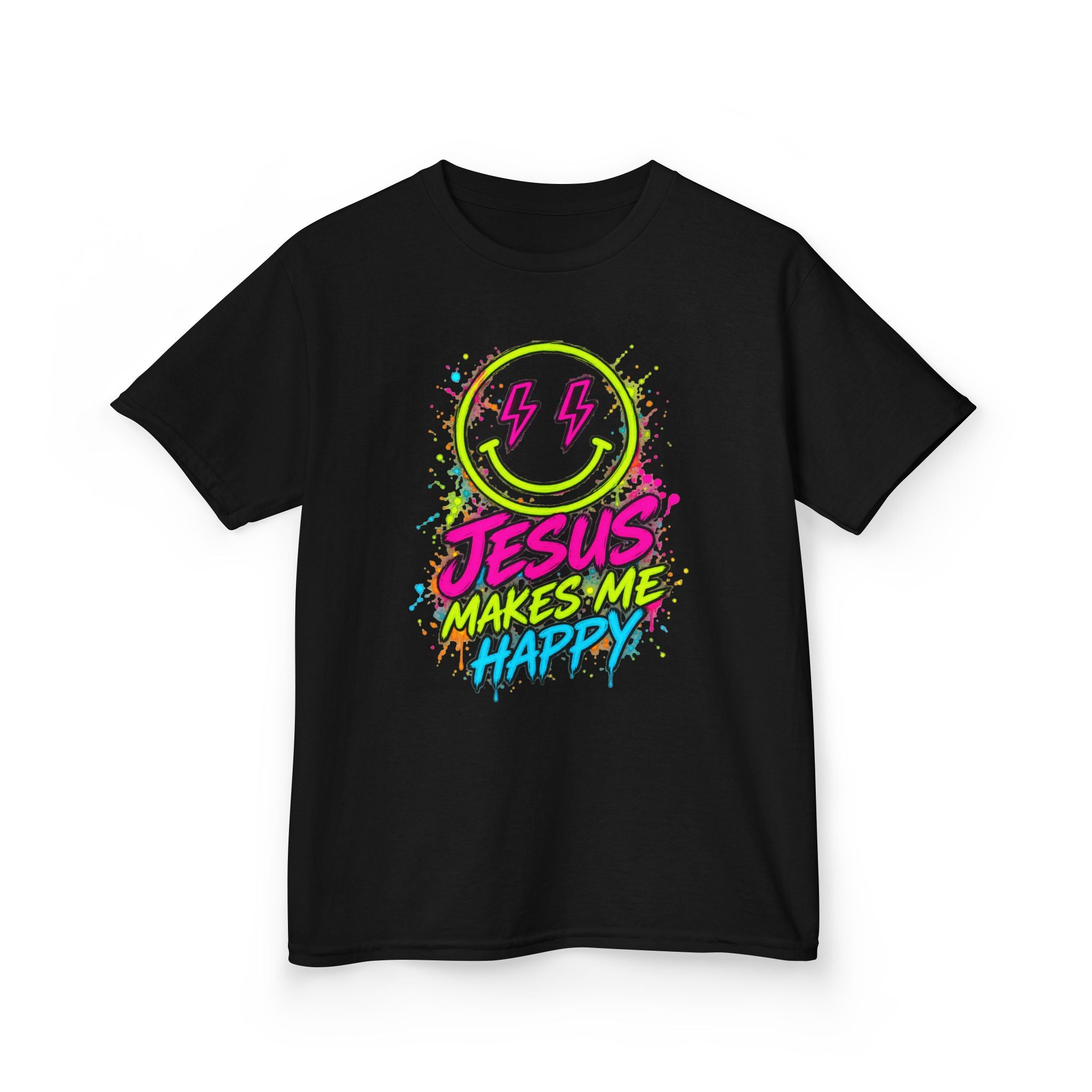 Jesus Makes Me Happy Neon Smiley Kids T-shirt