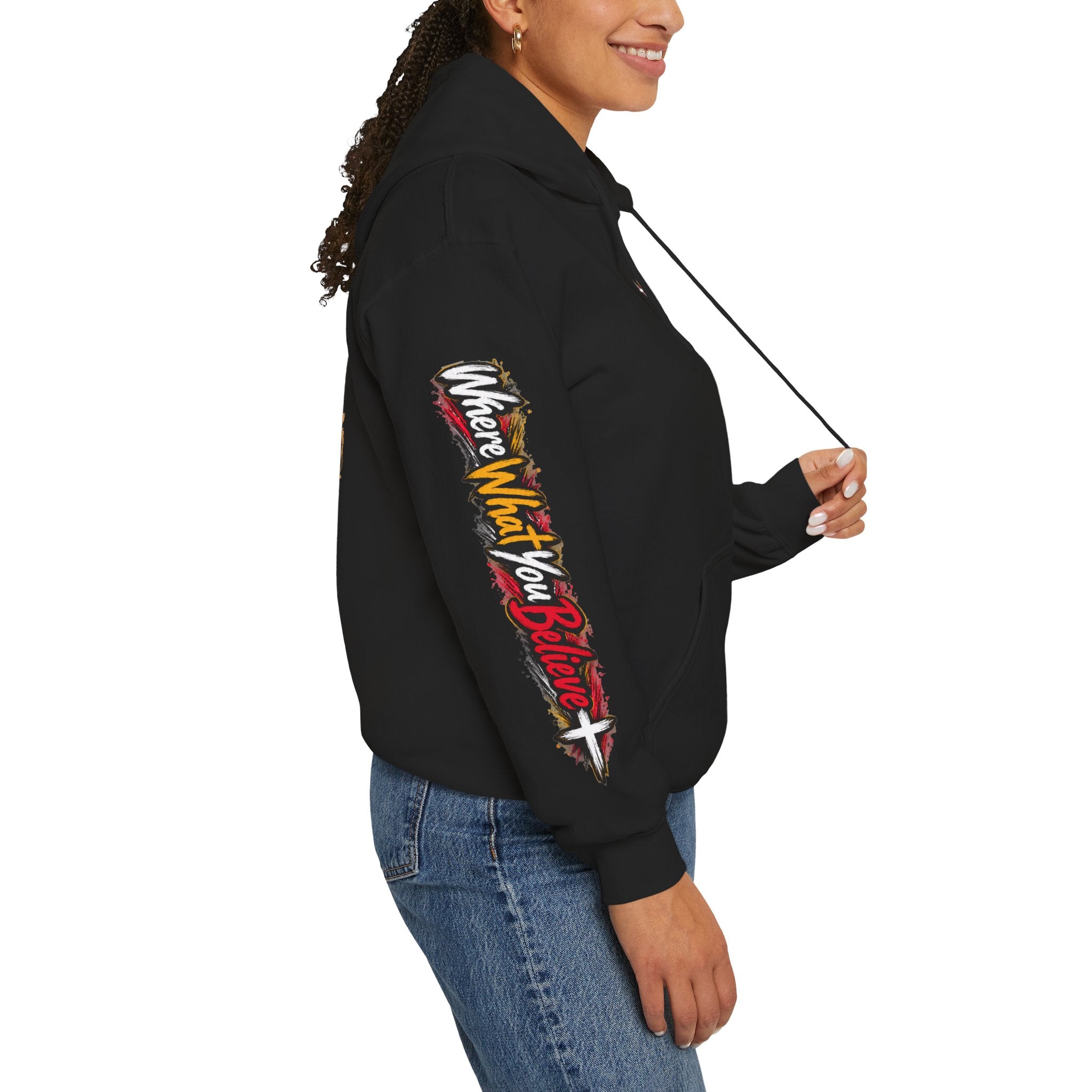 "Lion & The Lamb" Graphic Hoodie — Adult Unisex Christian Faith Sweatshirt with Sleeve Script
