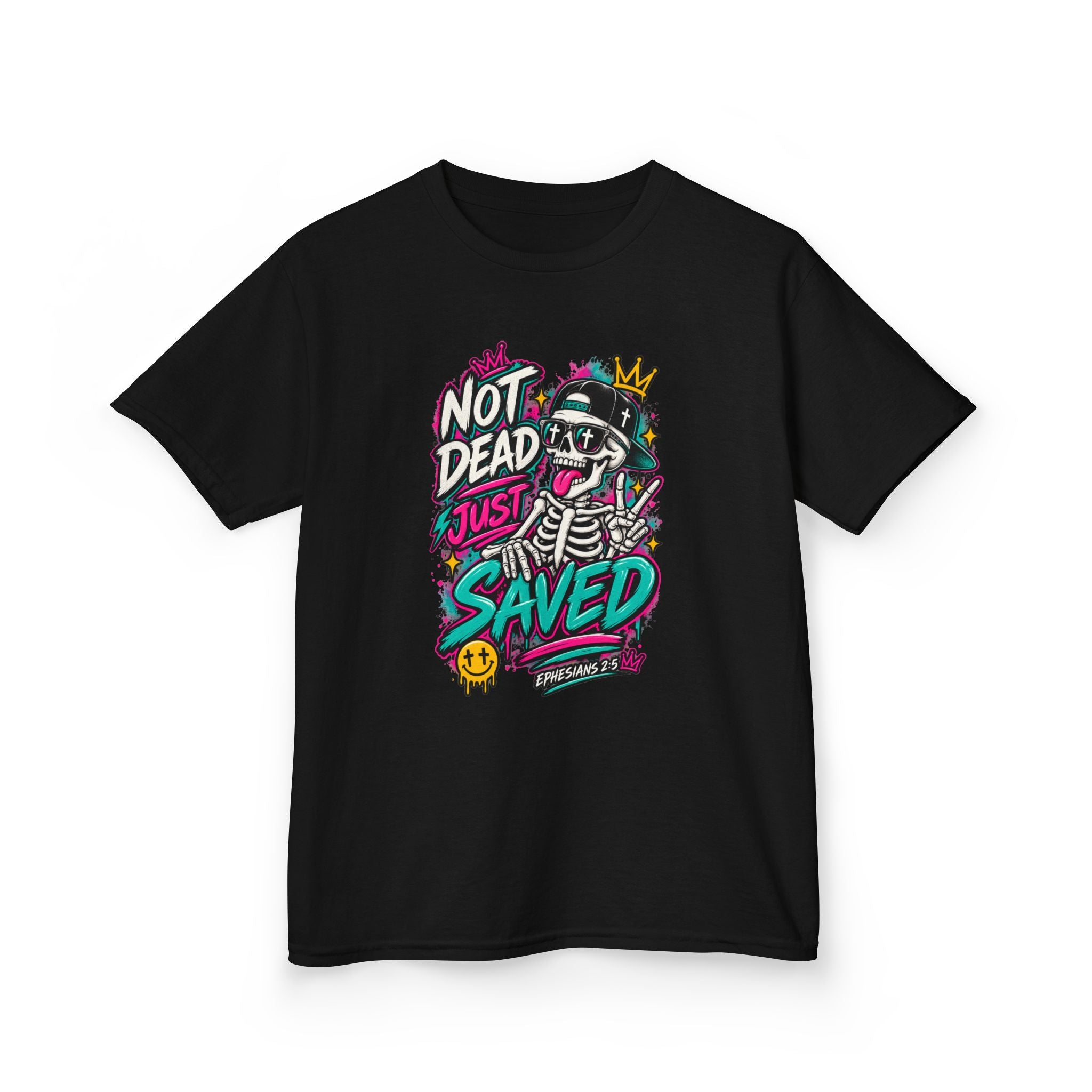 “Not Dead Just Saved” Colorful Skeleton Graphic Kids T-shirt