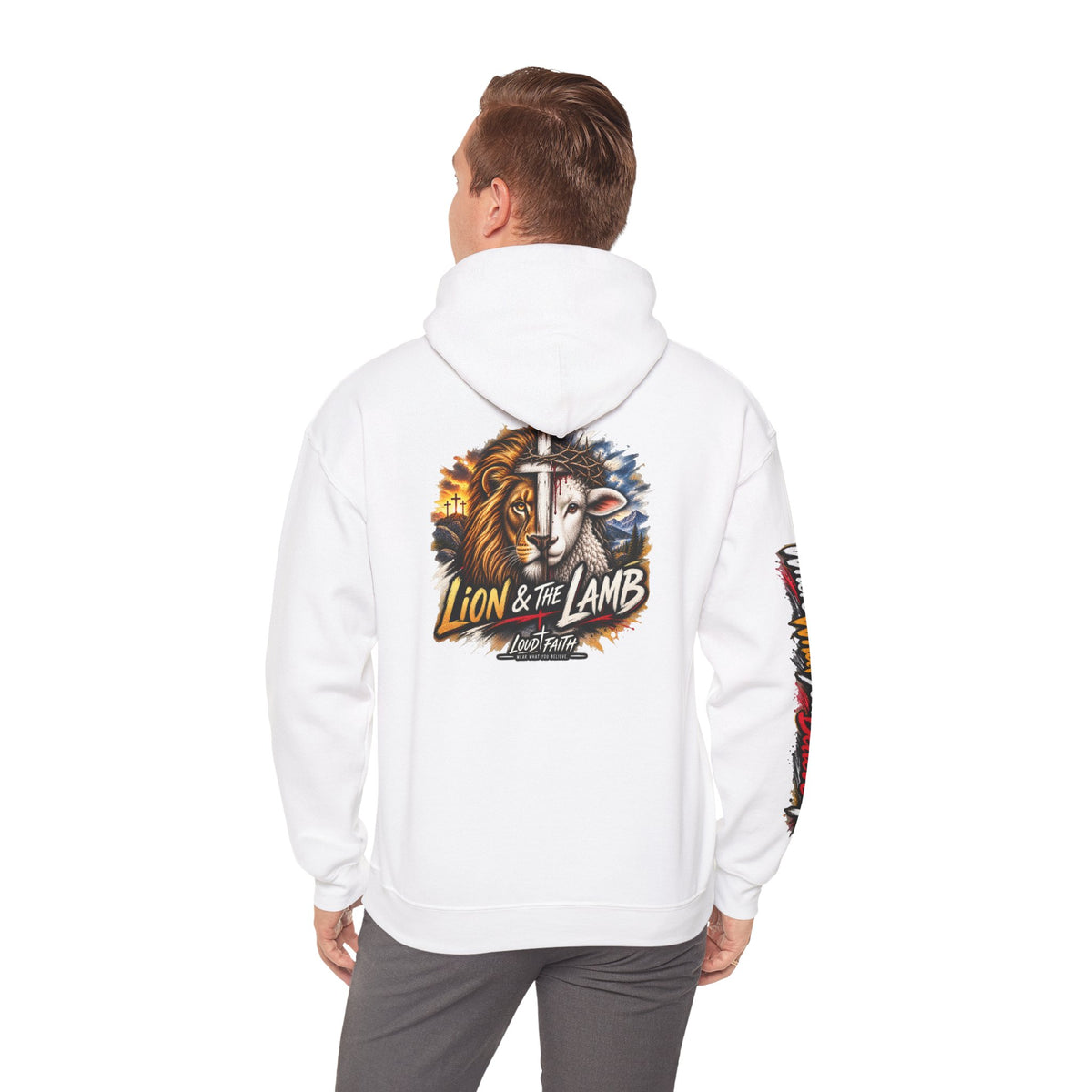 "Lion & The Lamb" Graphic Hoodie — Adult Unisex Christian Faith Sweatshirt with Sleeve Script