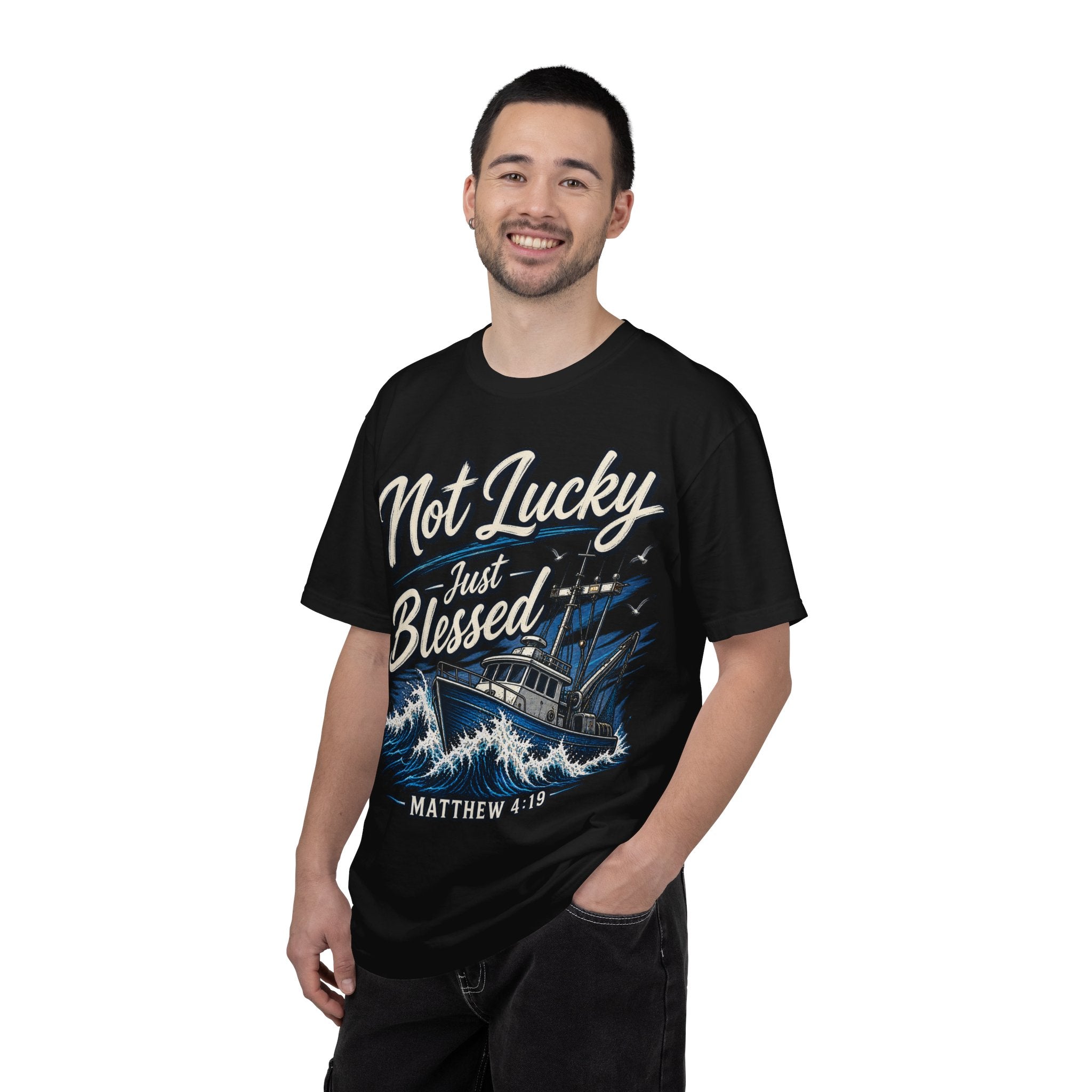 "Not Lucky Just Blessed" Fishing Boat Graphic (Matthew 4:19)