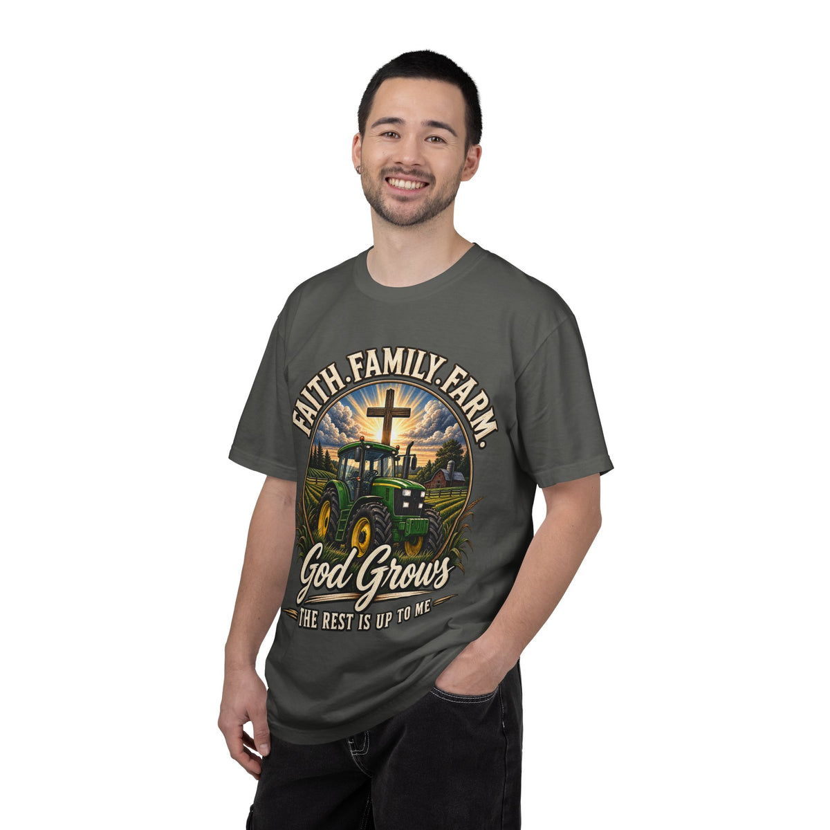Faith Family Farm T-Shirt — “God Grows” Tractor Christian Tee