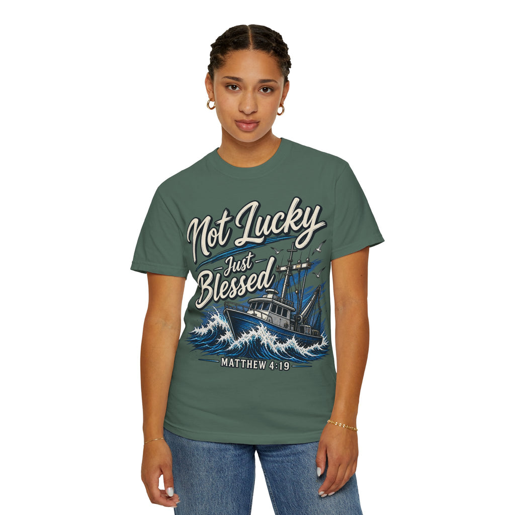 "Not Lucky Just Blessed" Fishing Boat Graphic (Matthew 4:19)