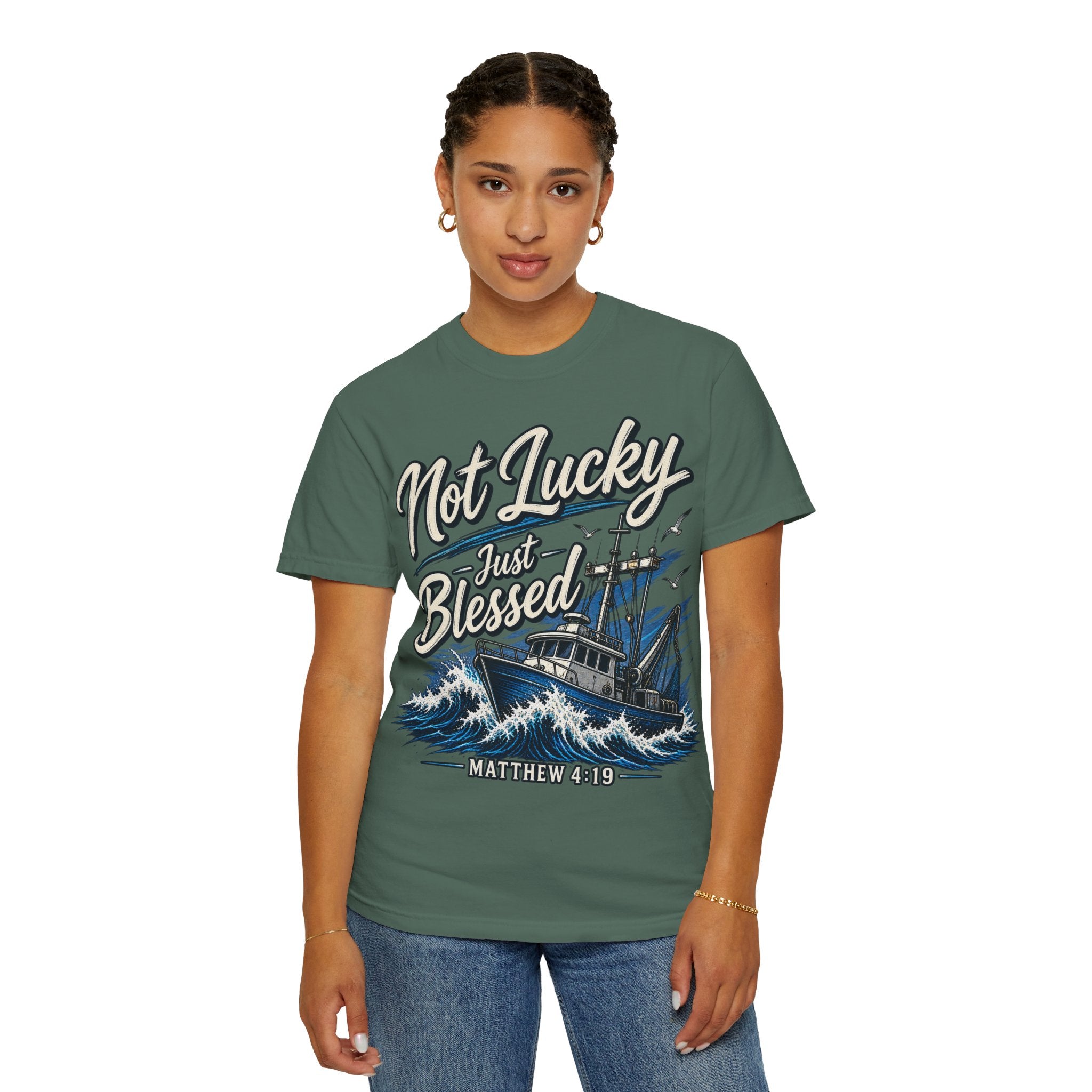 "Not Lucky Just Blessed" Fishing Boat Graphic (Matthew 4:19)