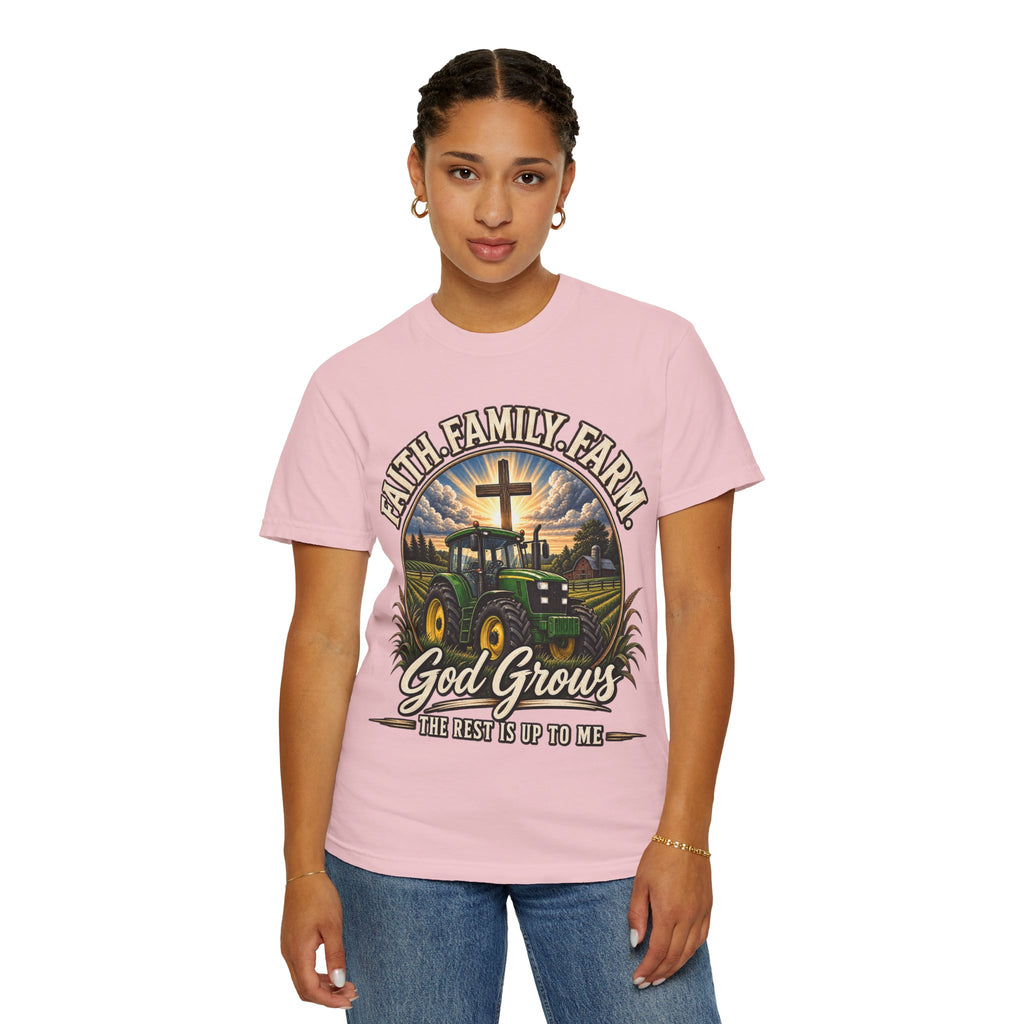 Faith Family Farm T-Shirt — “God Grows” Tractor Christian Tee