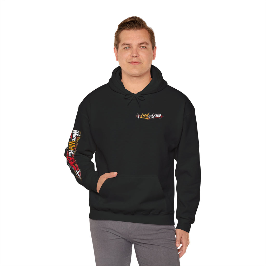 "Lion & The Lamb" Graphic Hoodie — Adult Unisex Christian Faith Sweatshirt with Sleeve Script