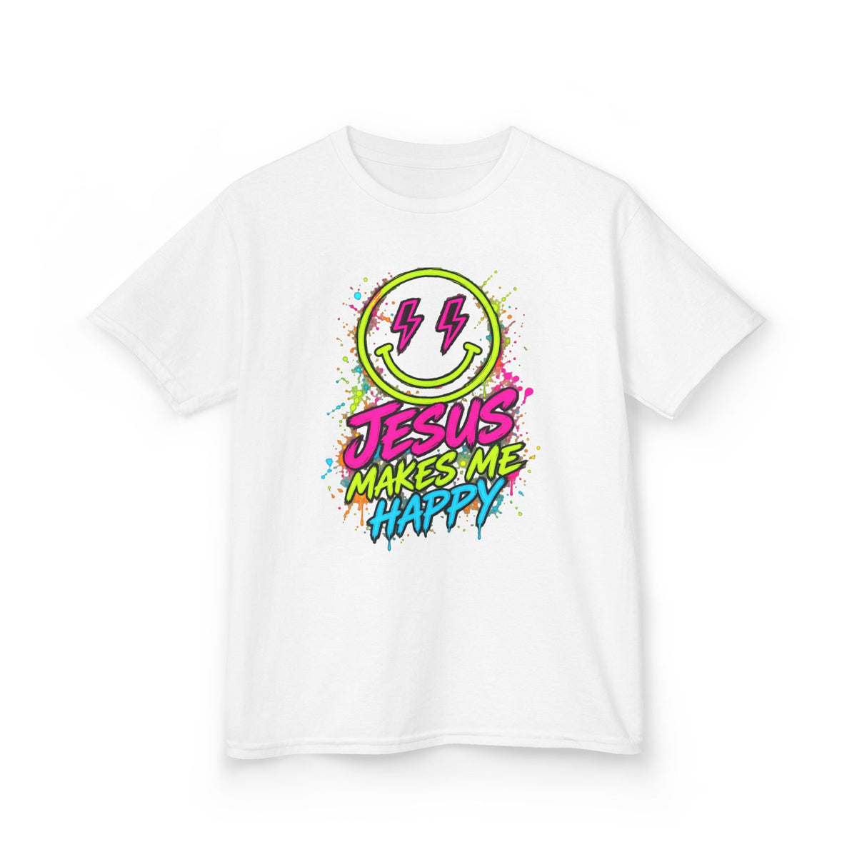 Jesus Makes Me Happy Neon Smiley Kids T-shirt