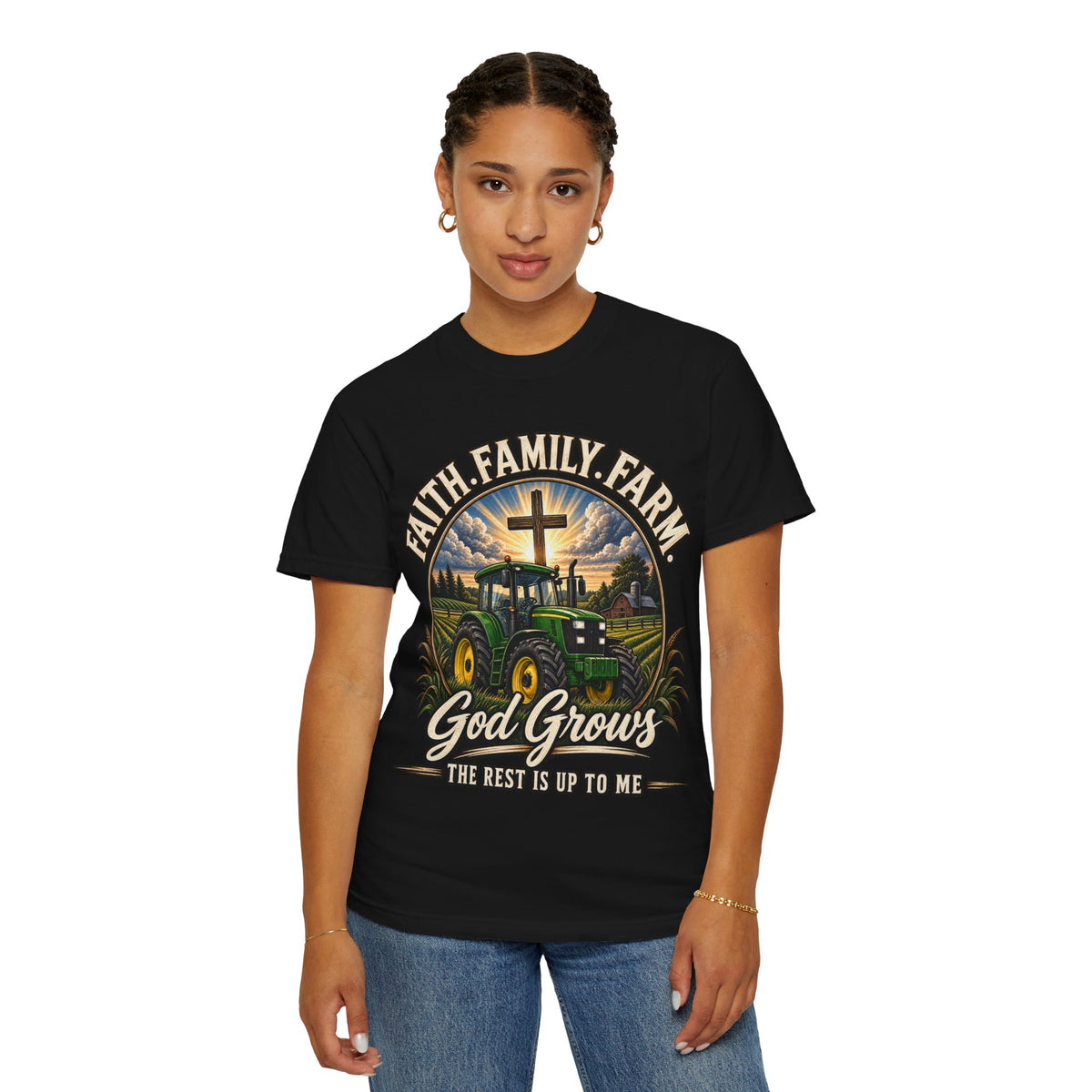 Faith Family Farm T-Shirt — “God Grows” Tractor Christian Tee