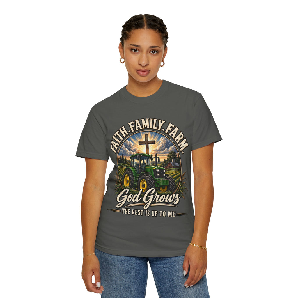 Faith Family Farm T-Shirt — “God Grows” Tractor Christian Tee