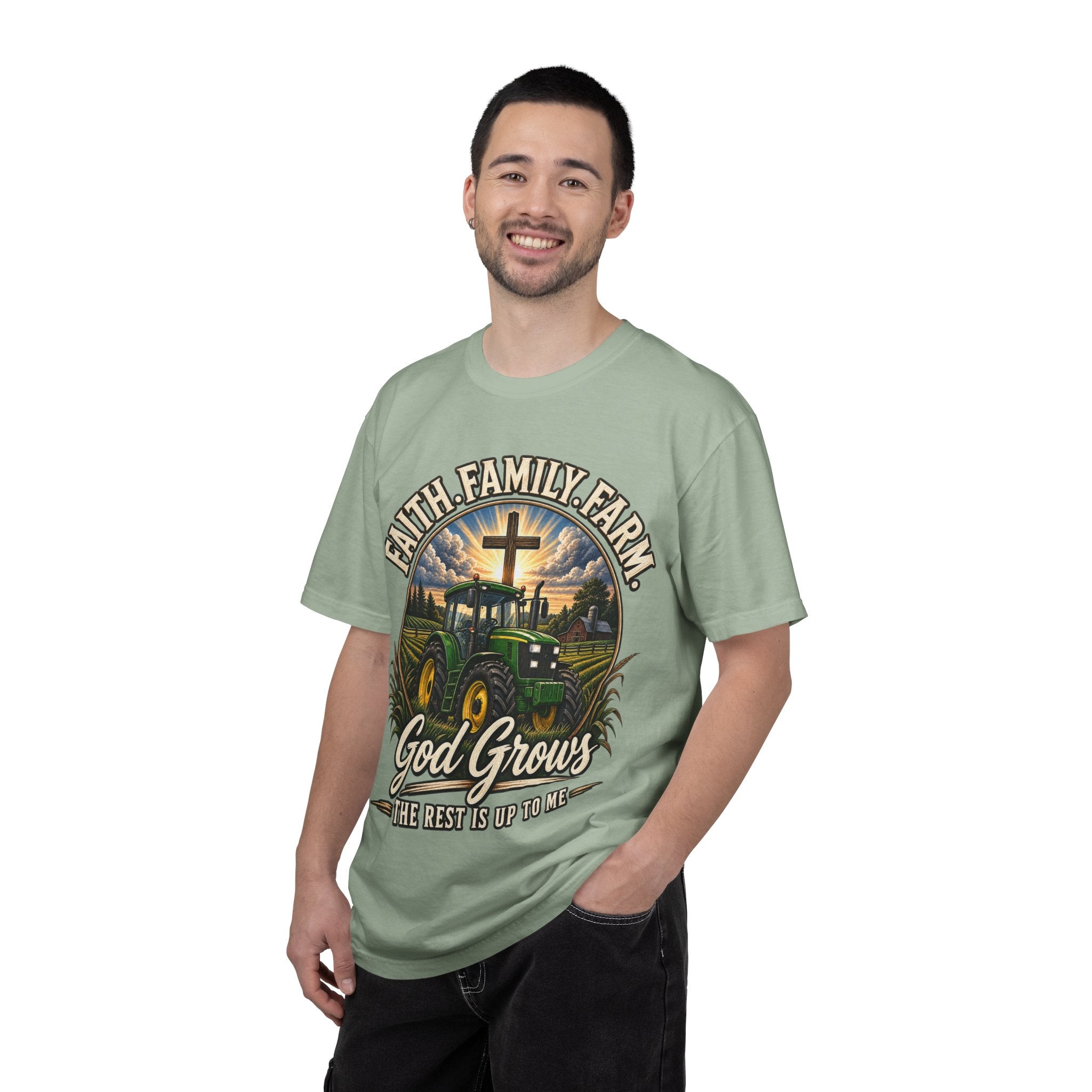 Faith Family Farm T-Shirt — “God Grows” Tractor Christian Tee