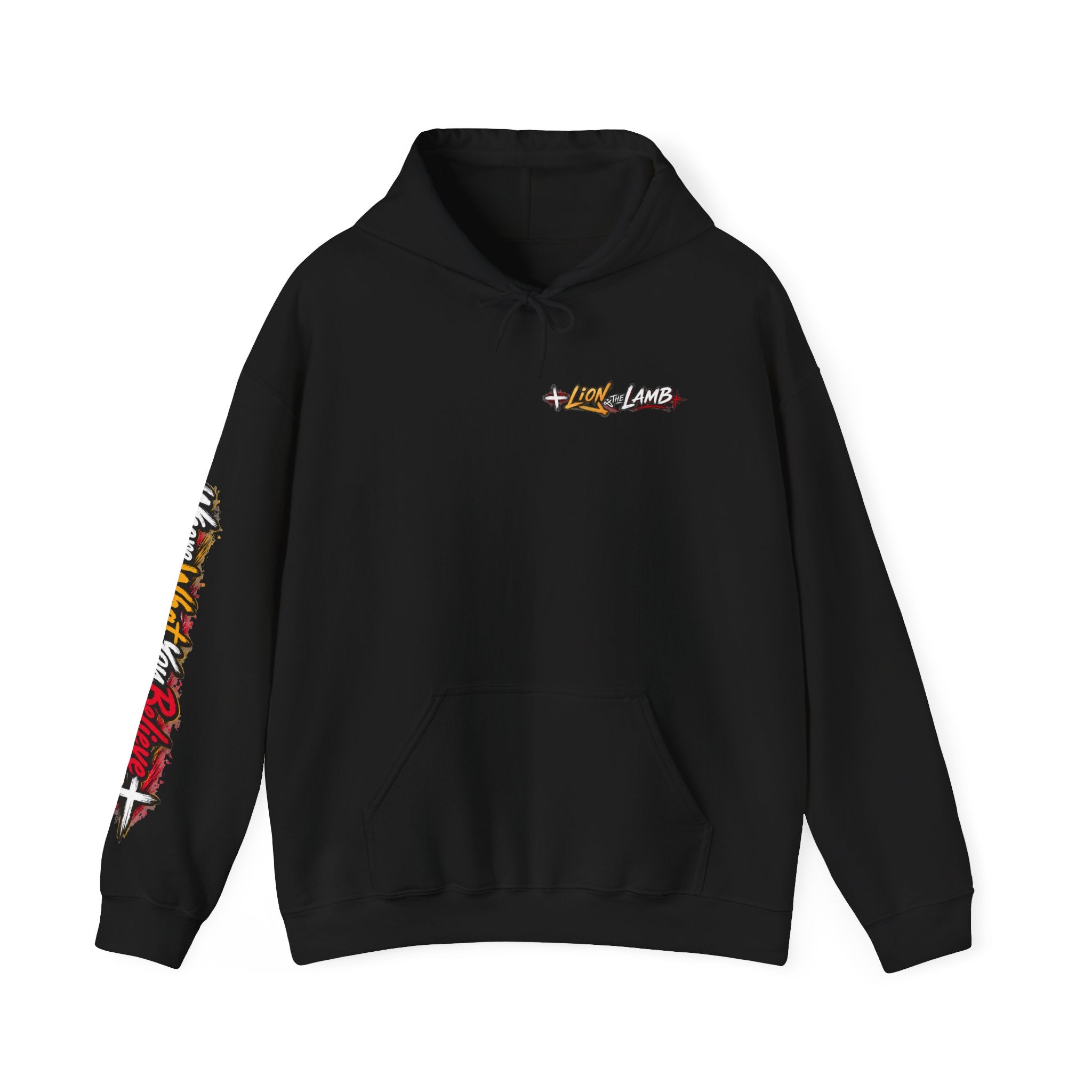"Lion & The Lamb" Graphic Hoodie — Adult Unisex Christian Faith Sweatshirt with Sleeve Script