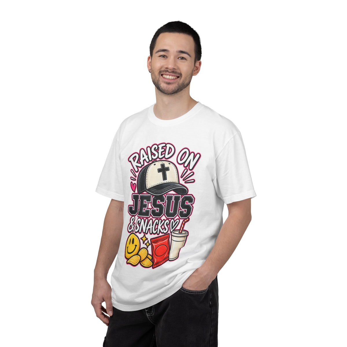 Raised On Jesus & Snacks— Adult T-Shirt