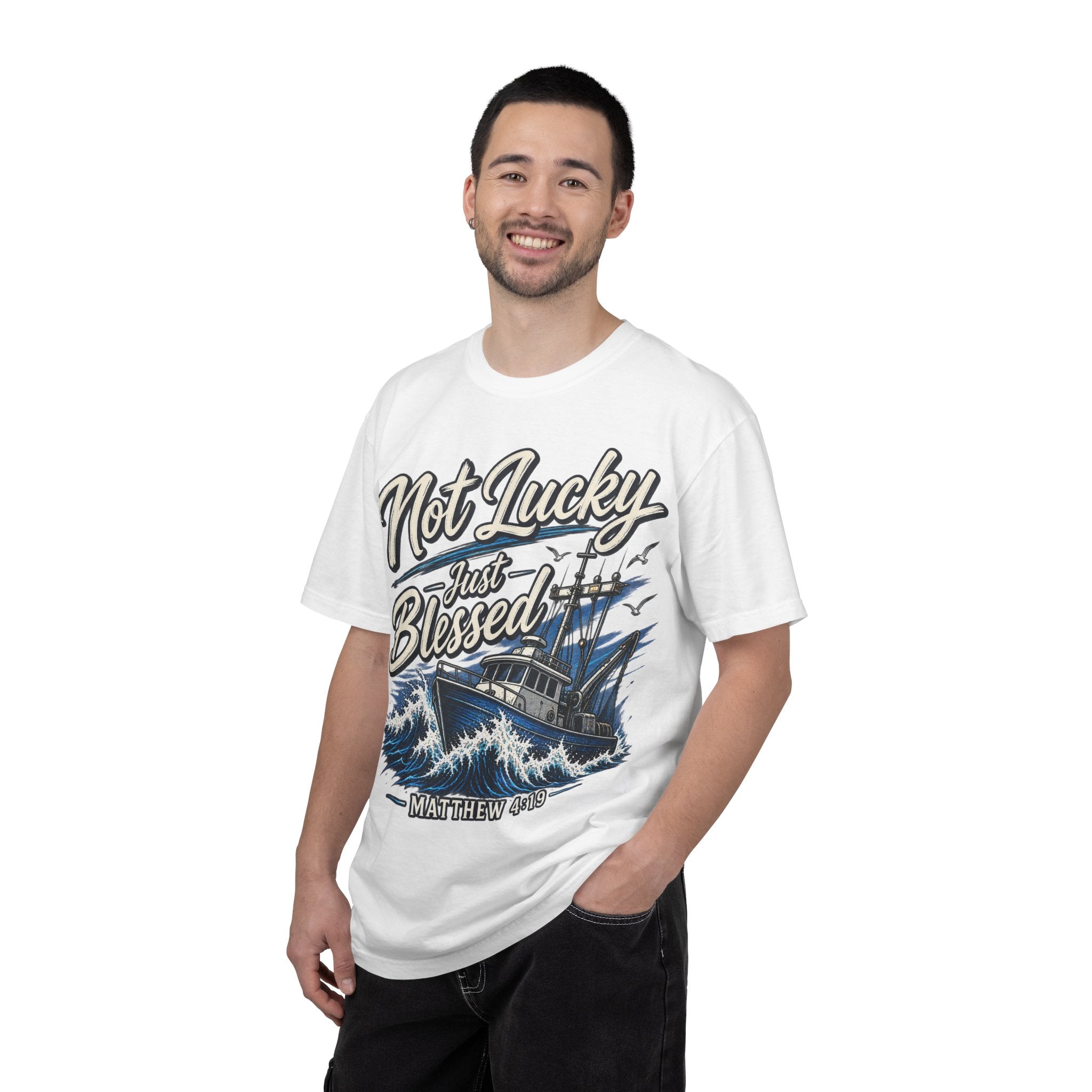 "Not Lucky Just Blessed" Fishing Boat Graphic (Matthew 4:19)