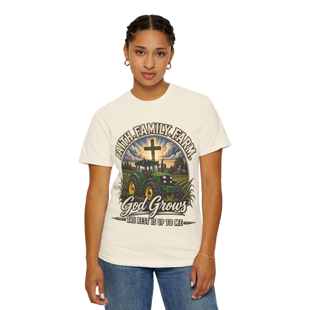 Faith Family Farm T-Shirt — “God Grows” Tractor Christian Tee