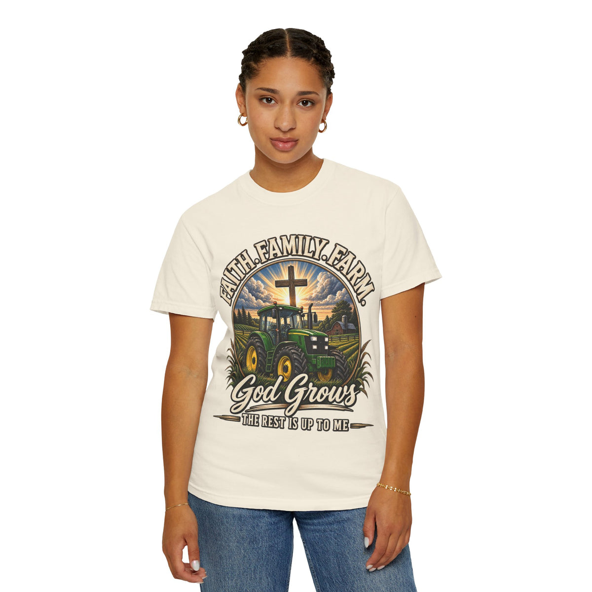 Faith Family Farm T-Shirt — “God Grows” Tractor Christian Tee