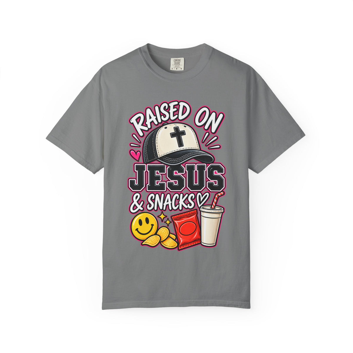 Raised On Jesus & Snacks— Adult T-Shirt