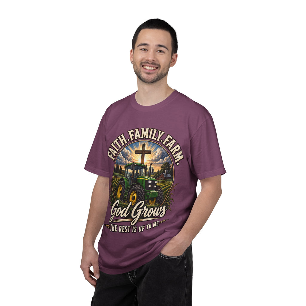 Faith Family Farm T-Shirt — “God Grows” Tractor Christian Tee