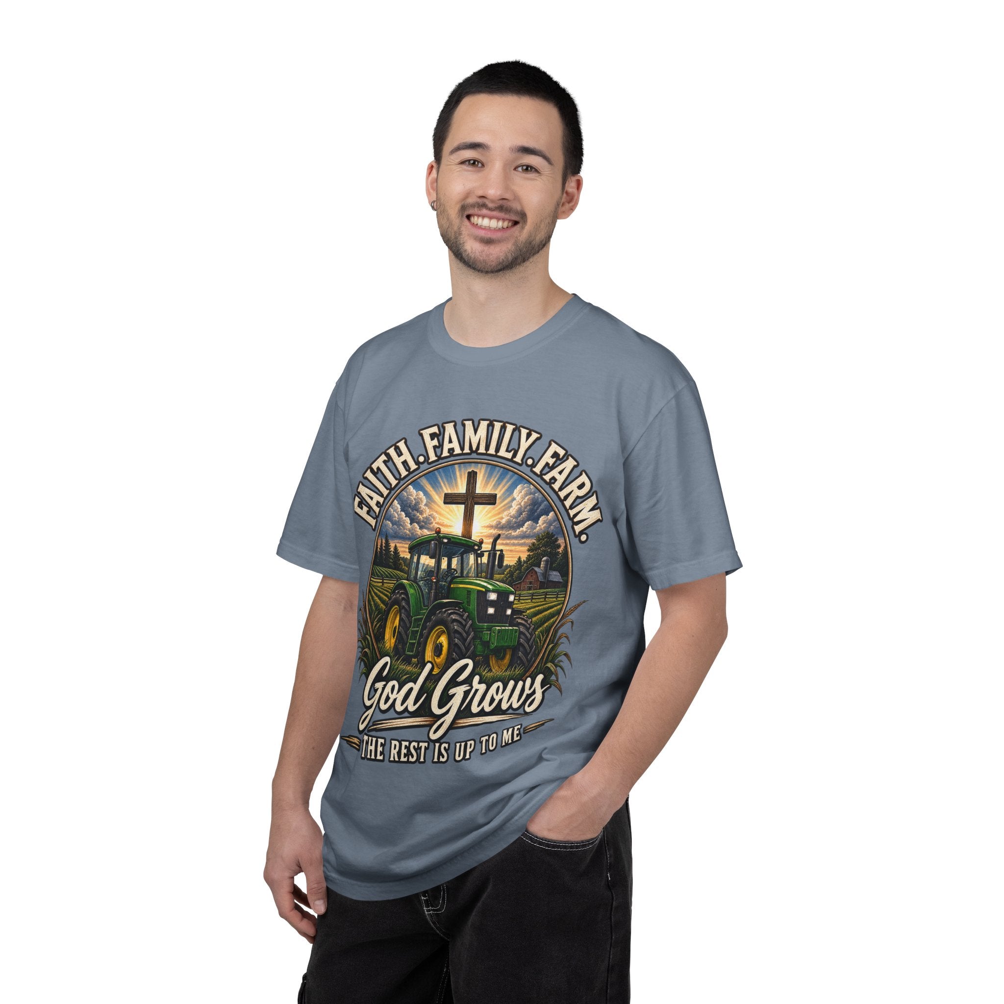 Faith Family Farm T-Shirt — “God Grows” Tractor Christian Tee