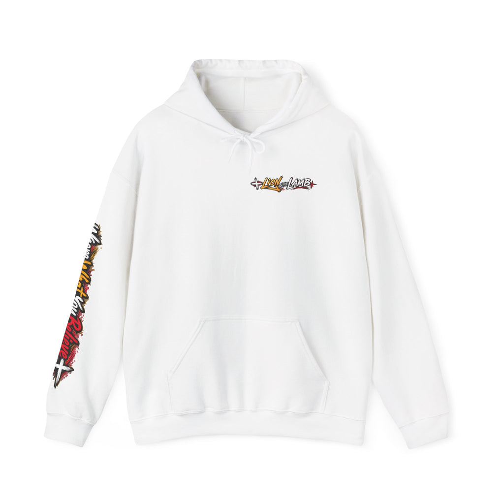 "Lion & The Lamb" Graphic Hoodie — Adult Unisex Christian Faith Sweatshirt with Sleeve Script