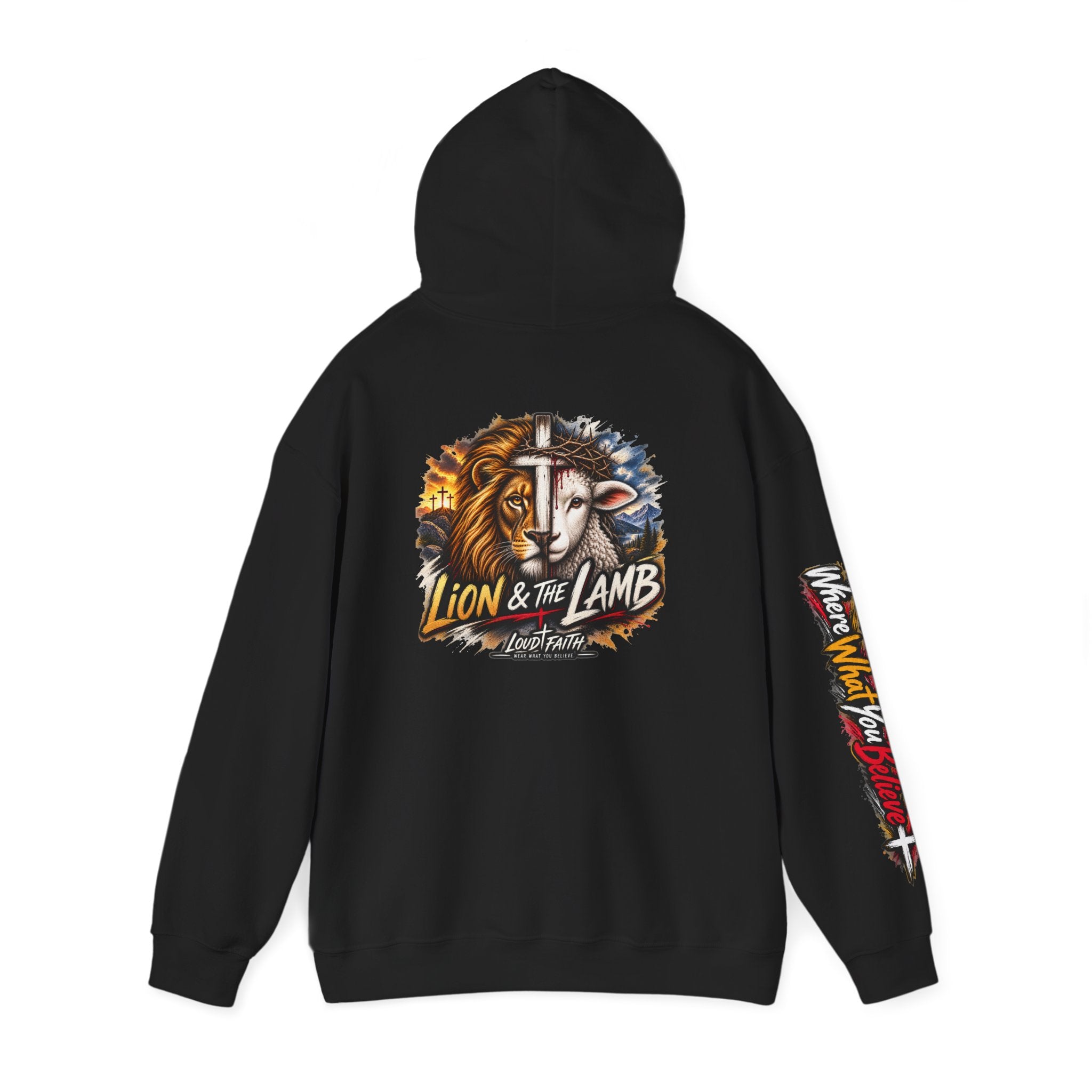 "Lion & The Lamb" Graphic Hoodie — Adult Unisex Christian Faith Sweatshirt with Sleeve Script
